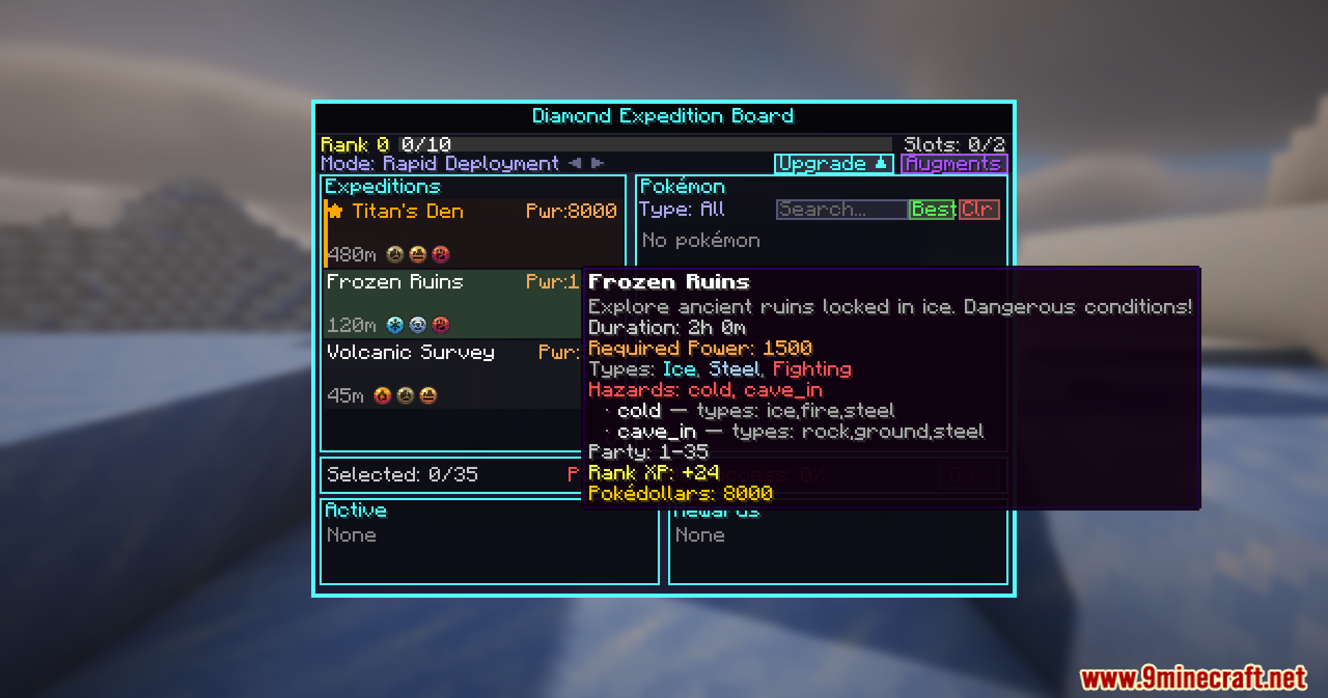 Selecting the Frozen Ruins mission on a Cobblemon expedition board in Minecraft