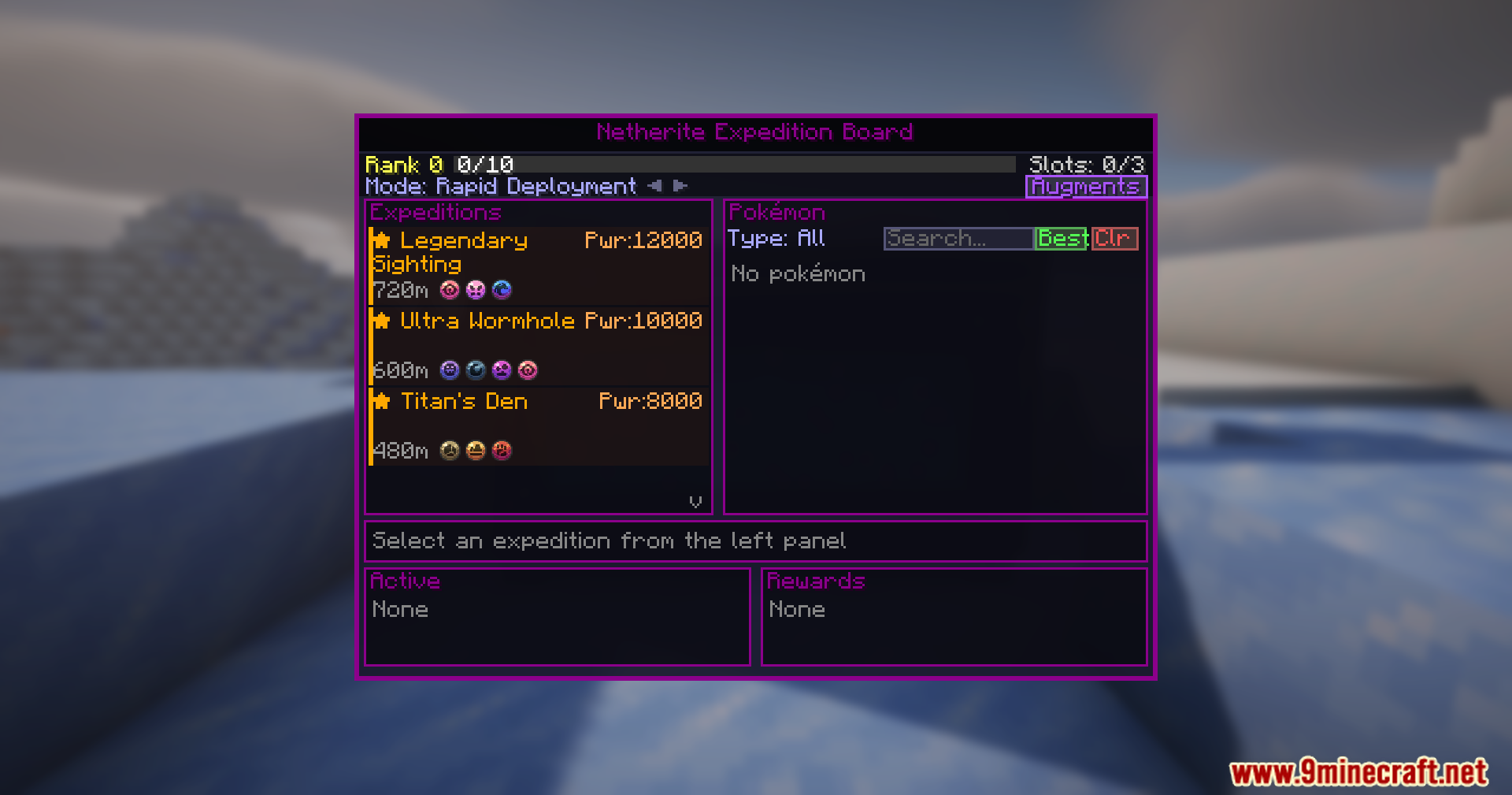 The Netherite Expedition Board interface showing available missions and Pokemon slots