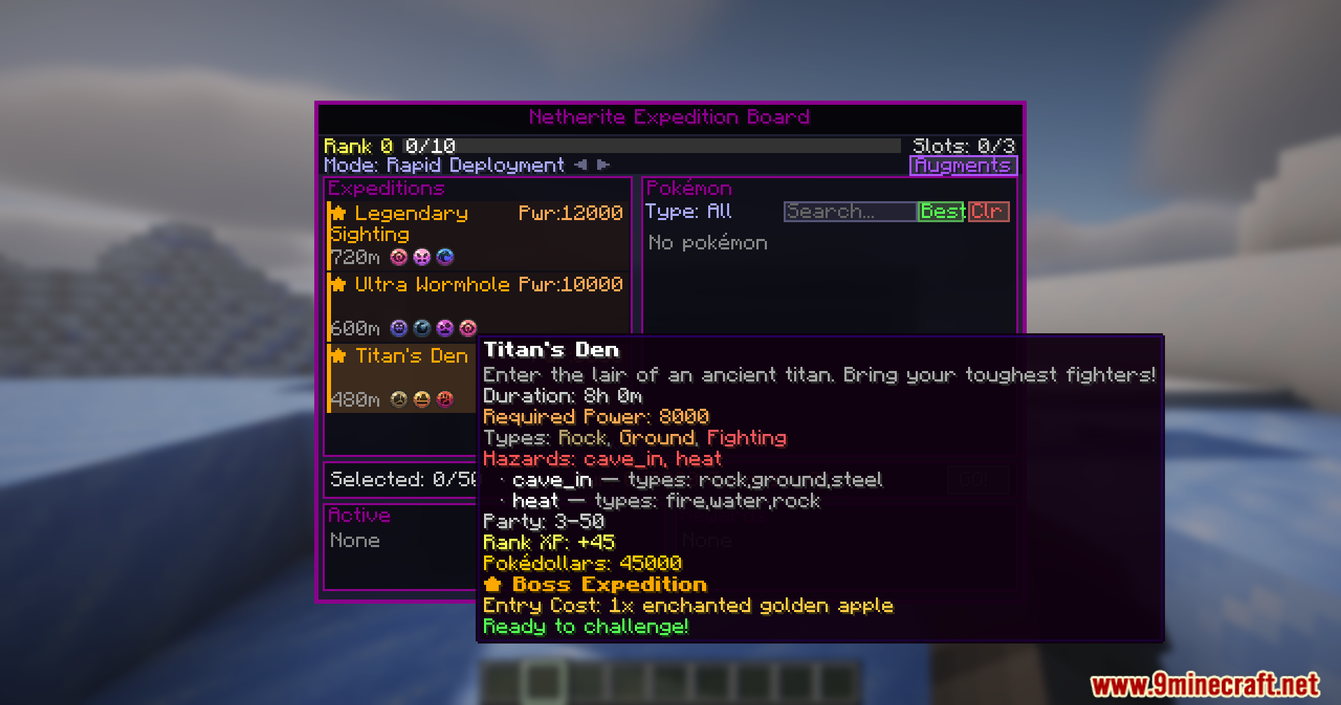 The Netherite Expedition Board interface showing details for the Titan Den mission