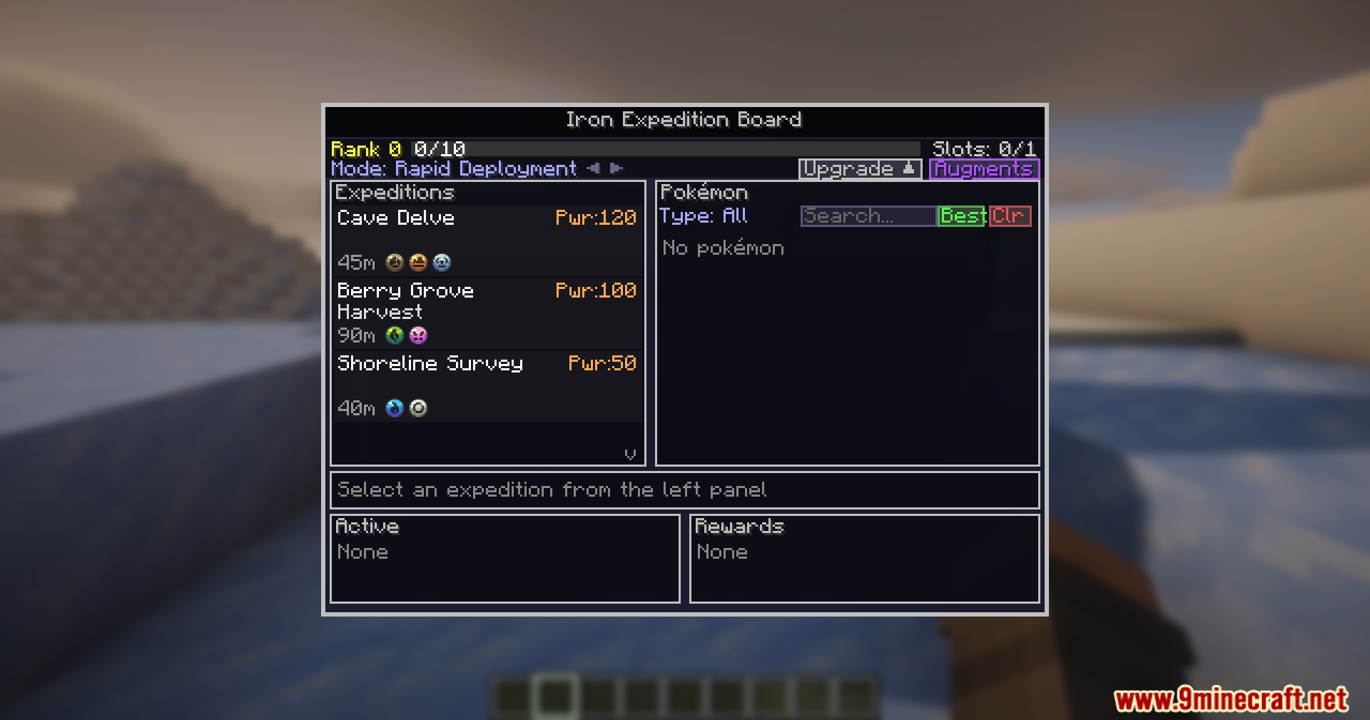 The Iron Expedition Board menu showing available missions and Pokemon selection options