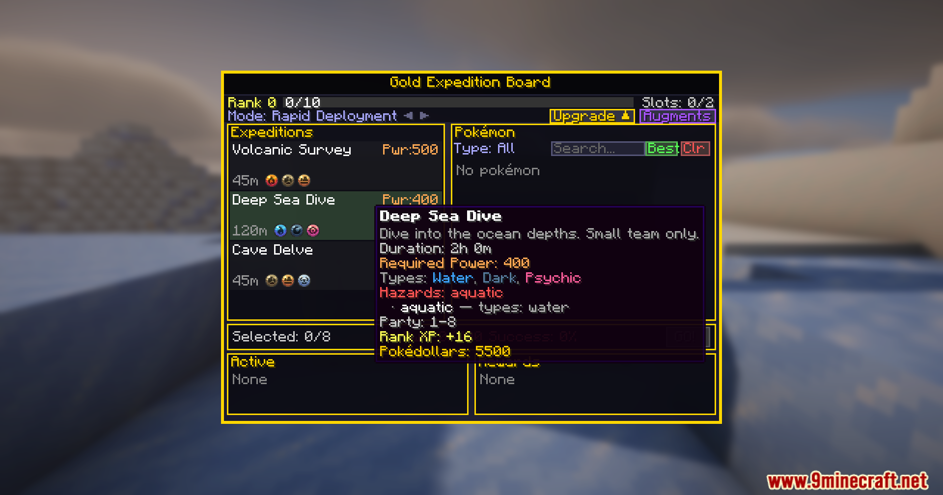 Mission board interface displaying requirements and rewards for a Deep Sea Dive expedition