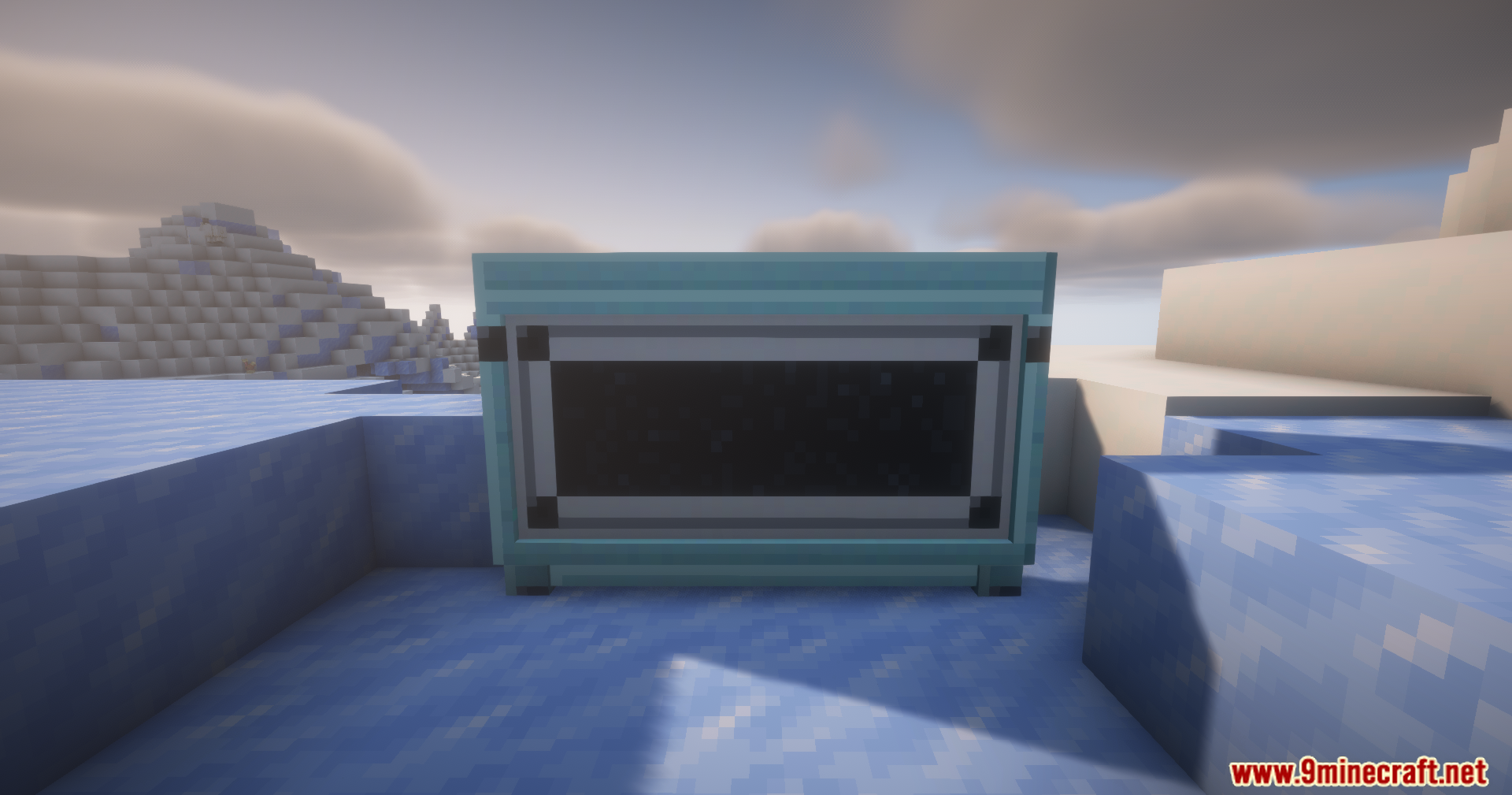 A light blue expedition board block placed in a snowy Minecraft landscape