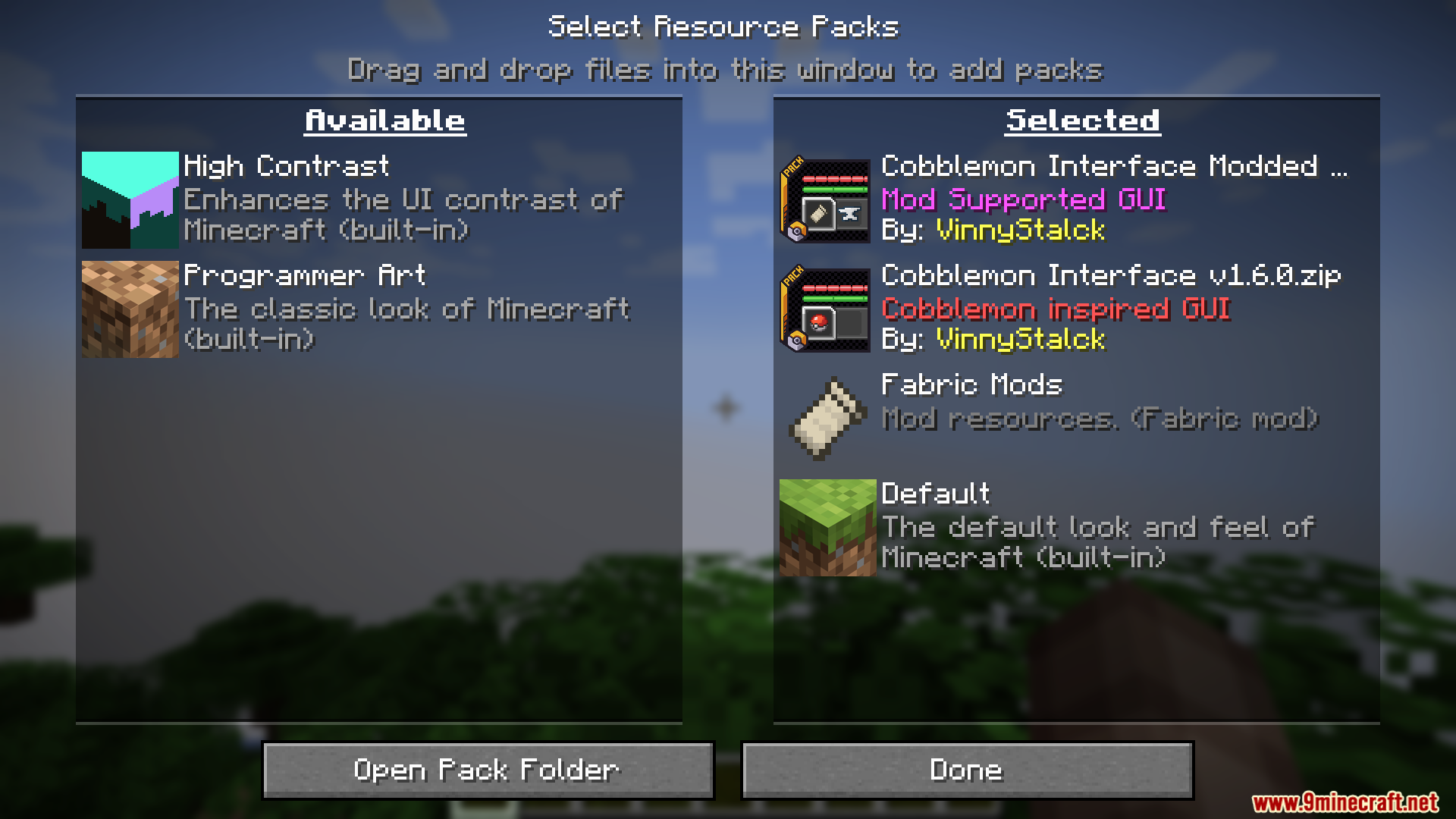 The resource pack selection screen showing active Cobblemon Interface Modded packs