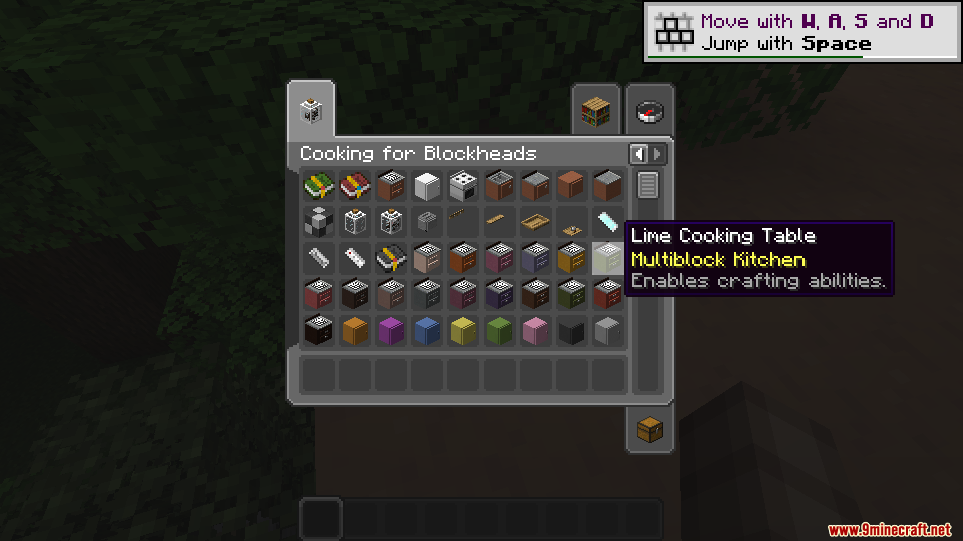 Custom inventory menu displaying various kitchen blocks and cooking tools in Minecraft