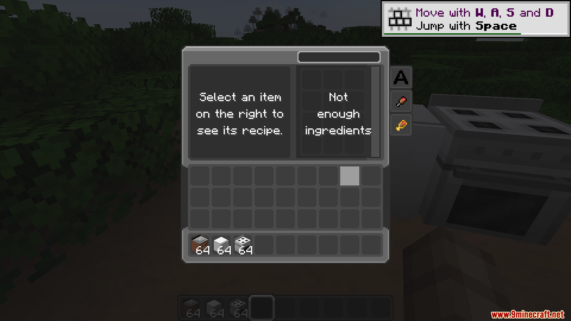 A custom cooking interface showing recipe options and ingredient requirements in Minecraft