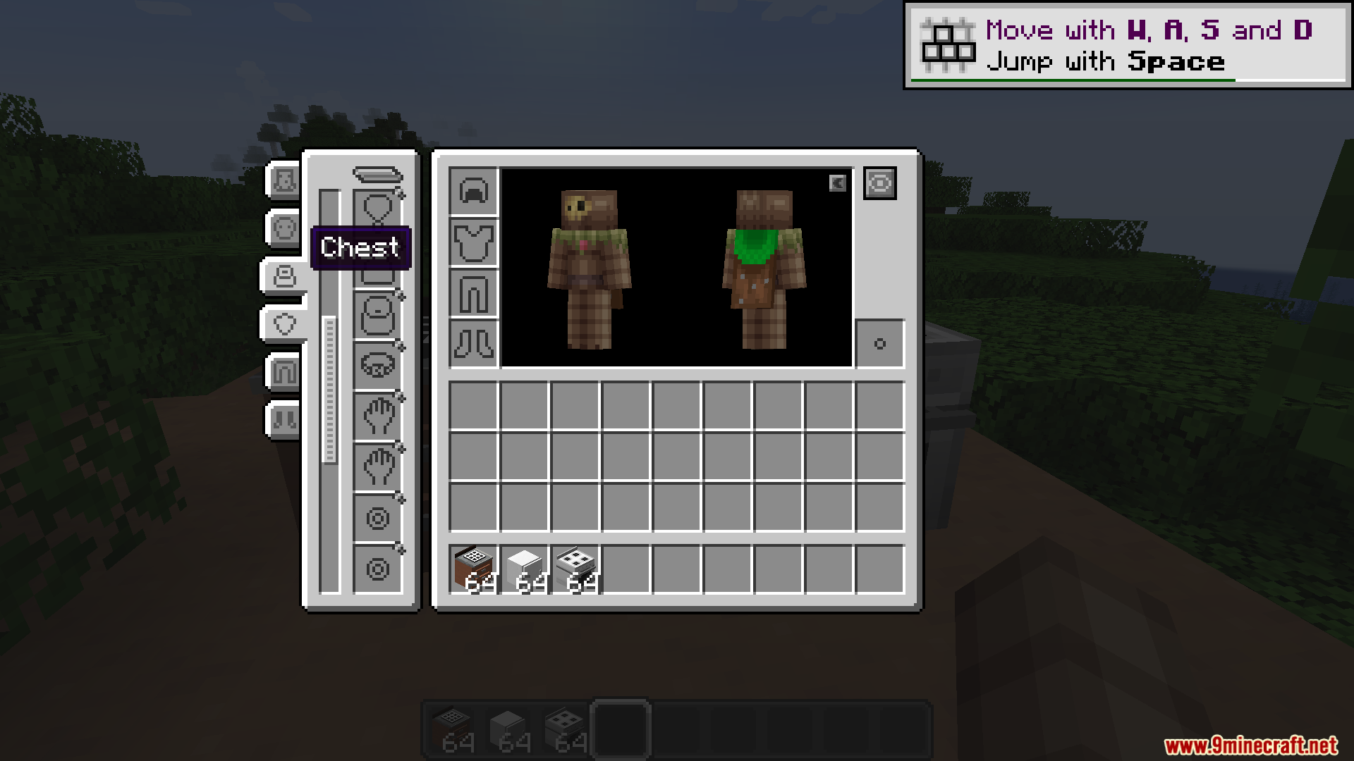 Player inventory screen showing a custom skin and stylized rounded interface slots