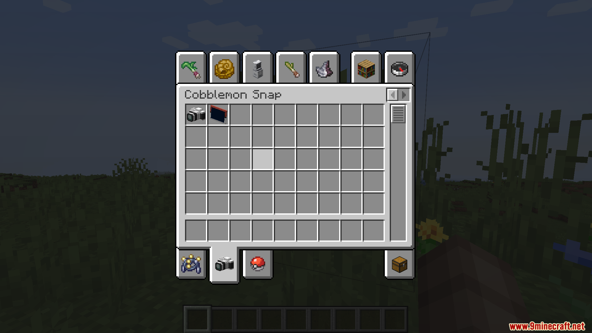 Minecraft inventory menu showing a camera and a Snapdex photo album item
