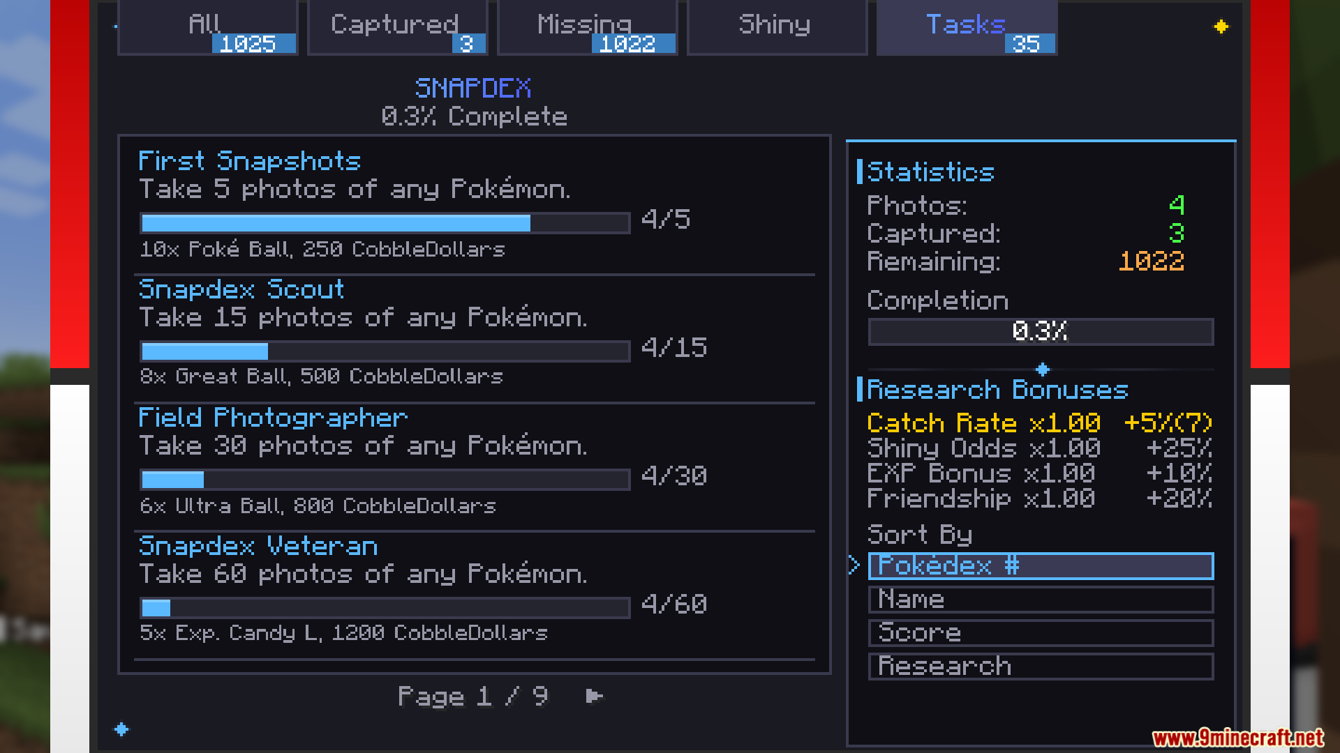 A list of photography tasks and rewards displayed in the task menu