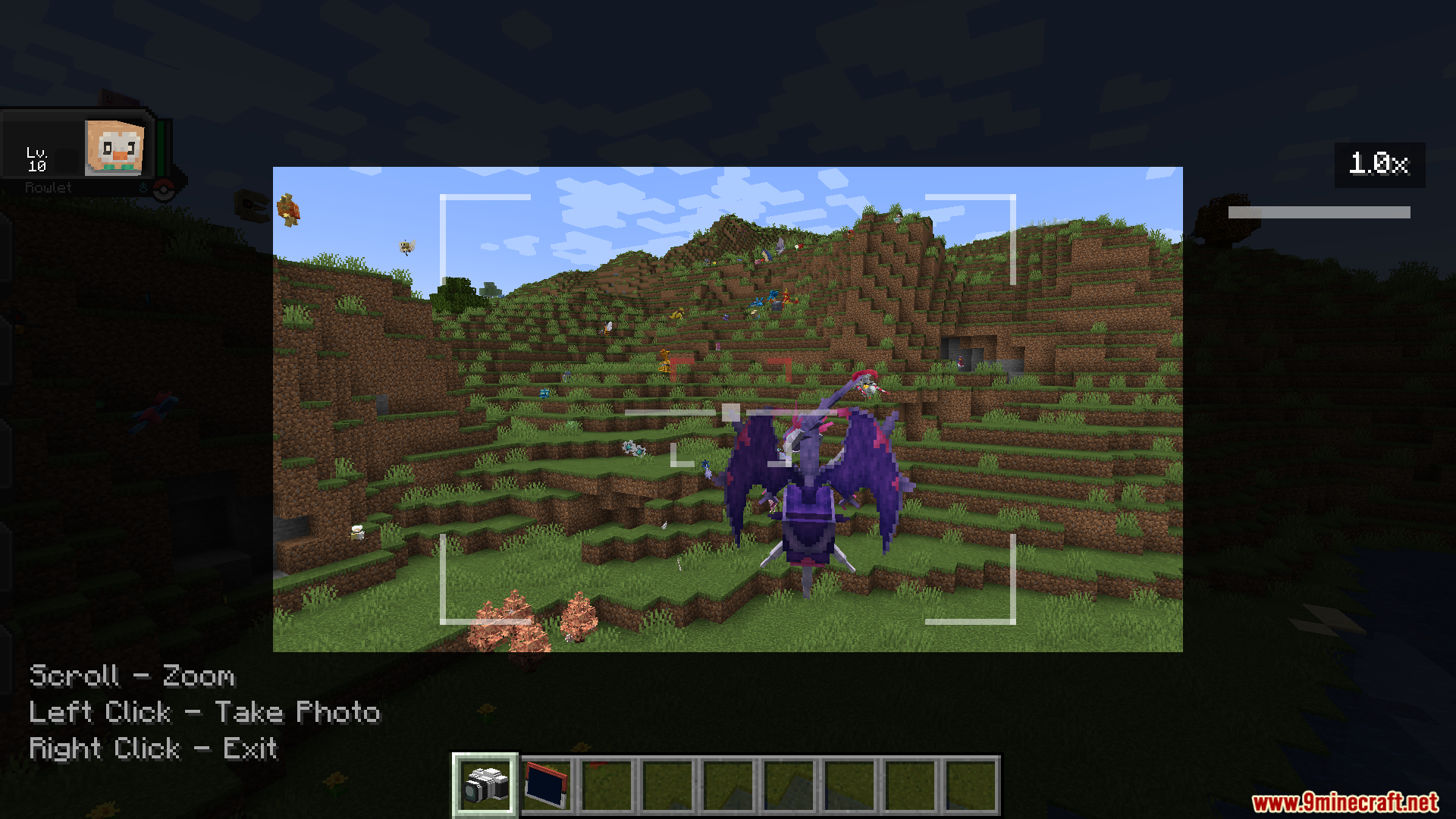 Using the camera interface to frame a purple flying creature for a photo