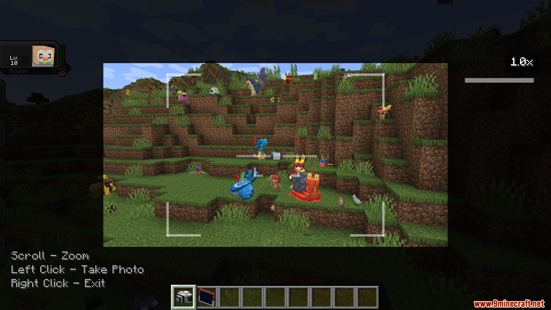 Capturing a group photo of various monsters gathered on a grassy hillside