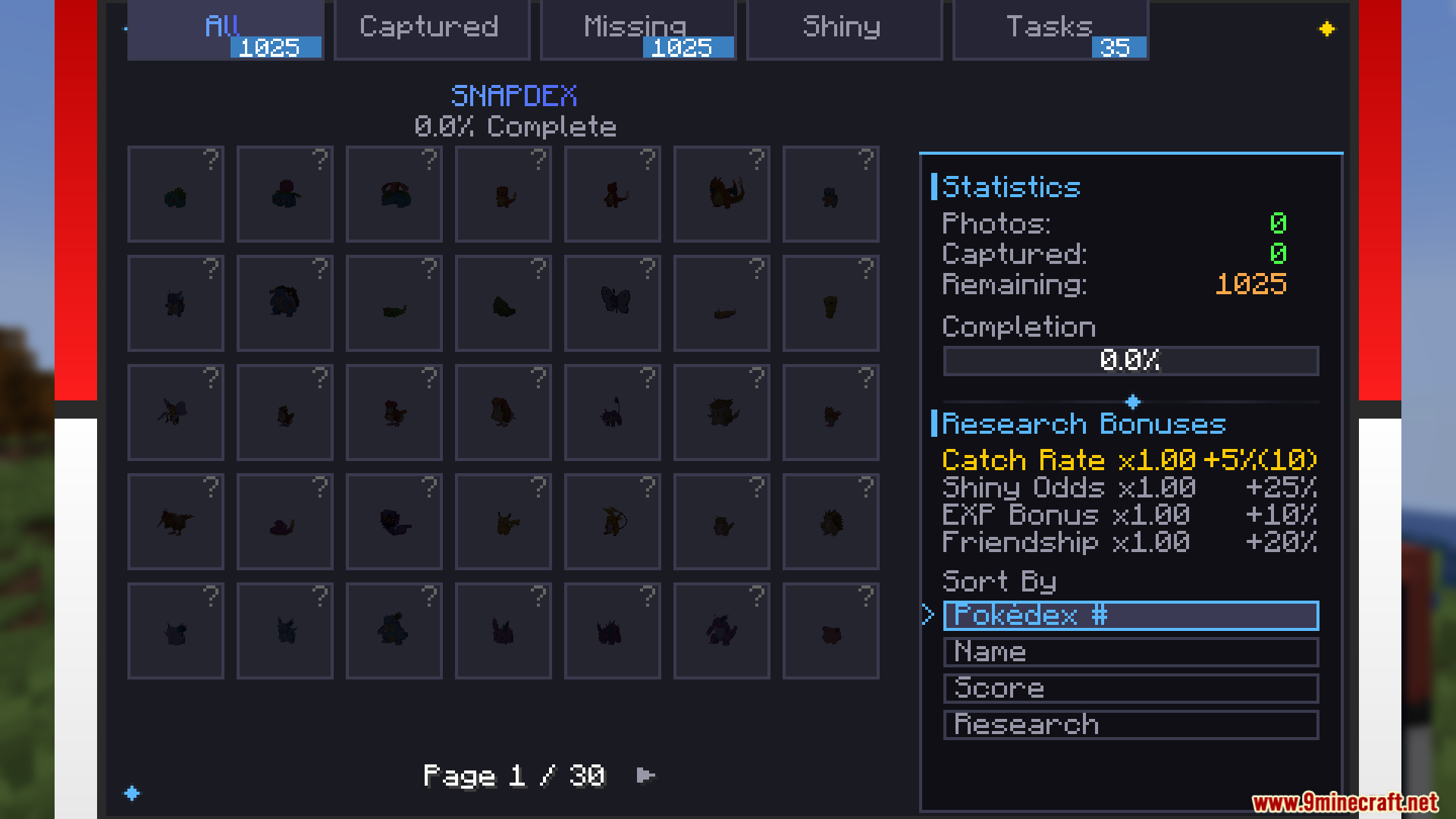 The Snapdex interface displaying monster silhouettes and research statistics in Minecraft