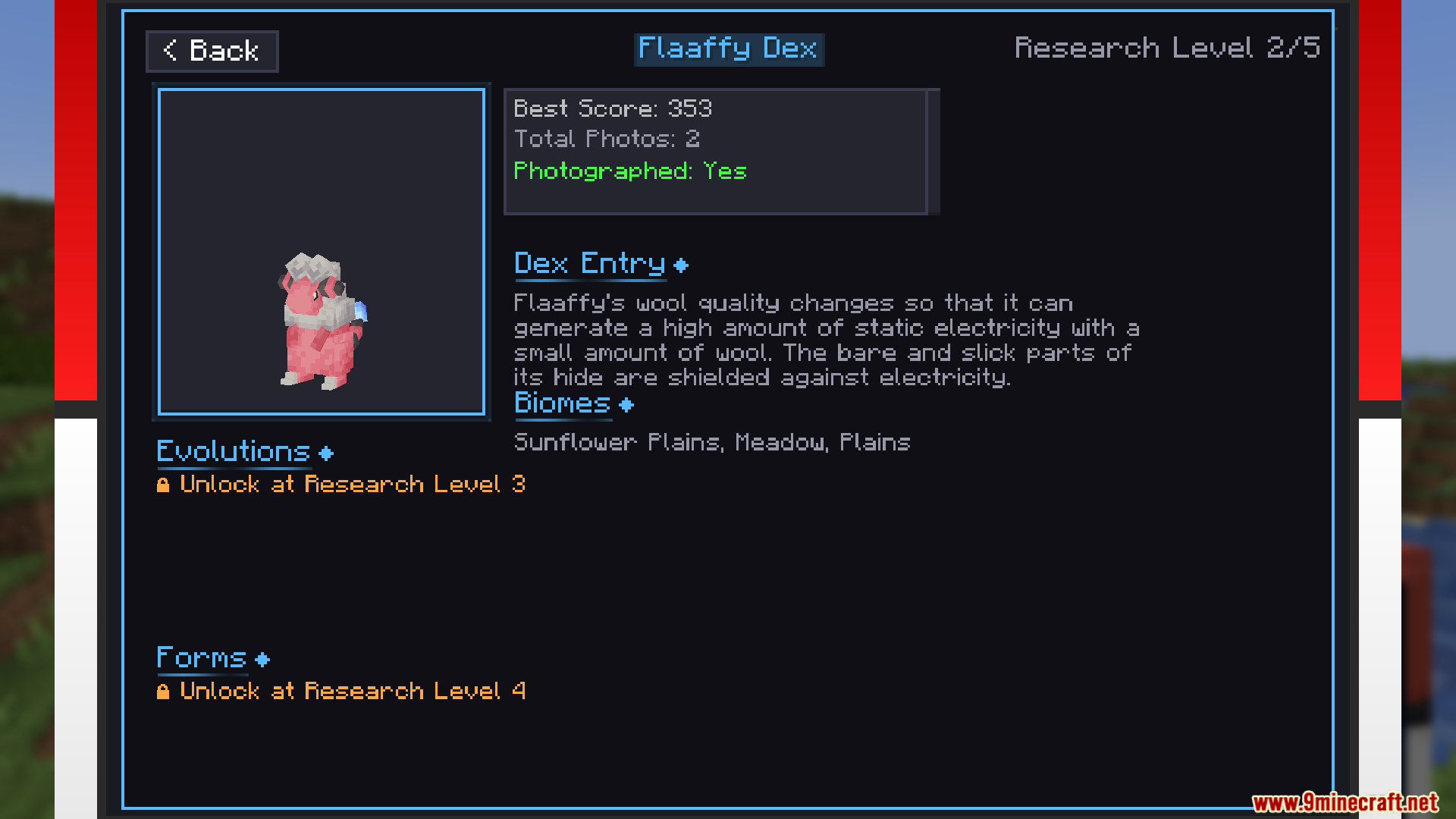 A Flaaffy Dex entry screen showing stats and research level progress