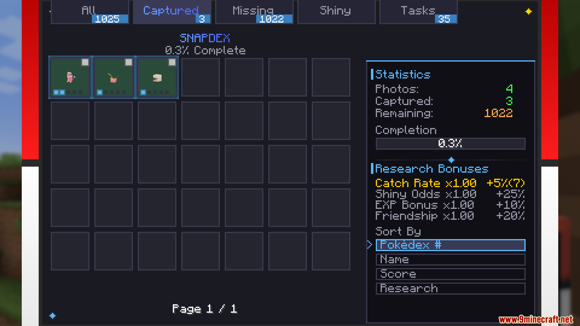 The Snapdex menu displays captured monster photos and research statistics in Minecraft