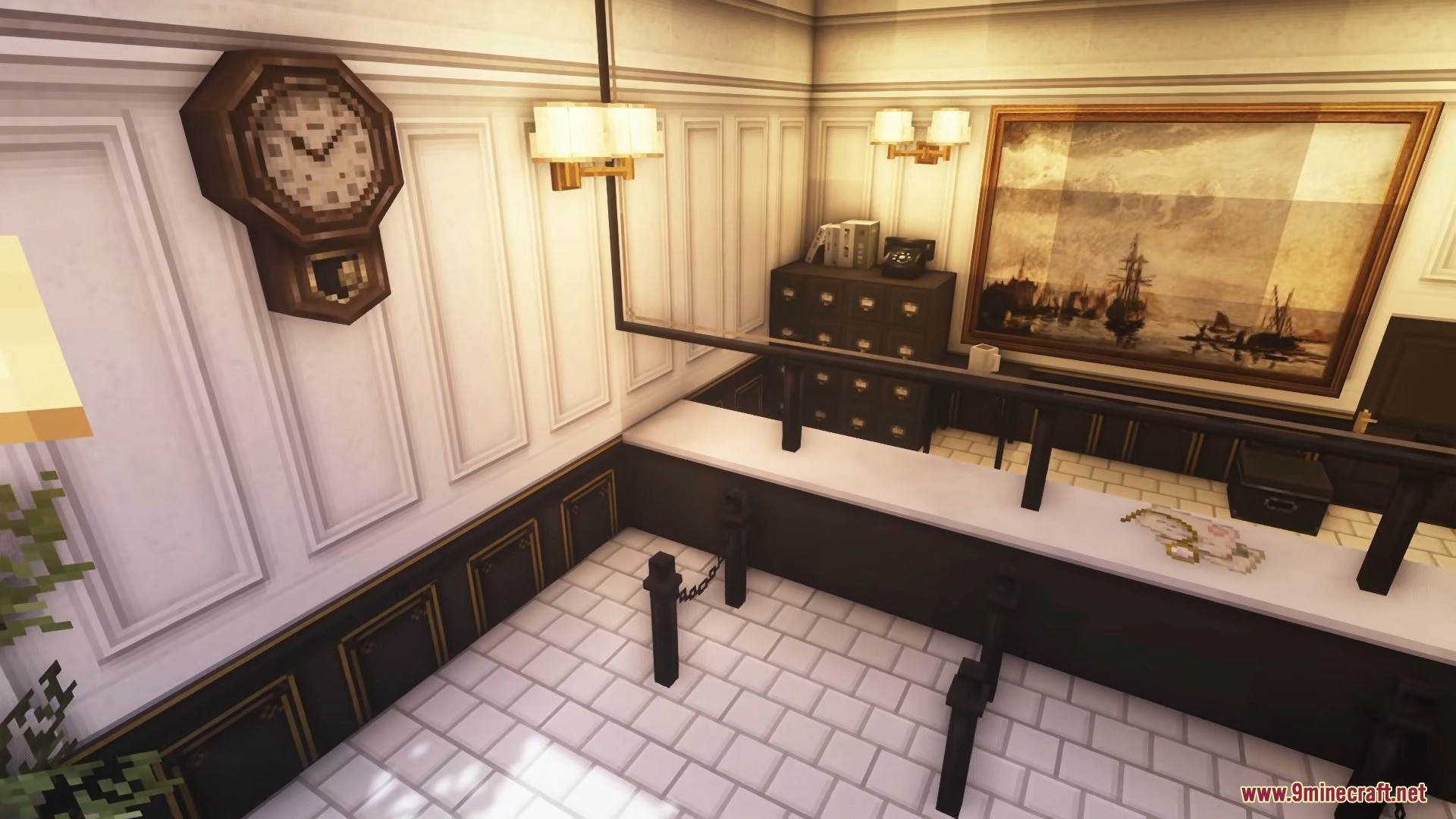 An elegant reception desk with a vintage wall clock and barrier posts