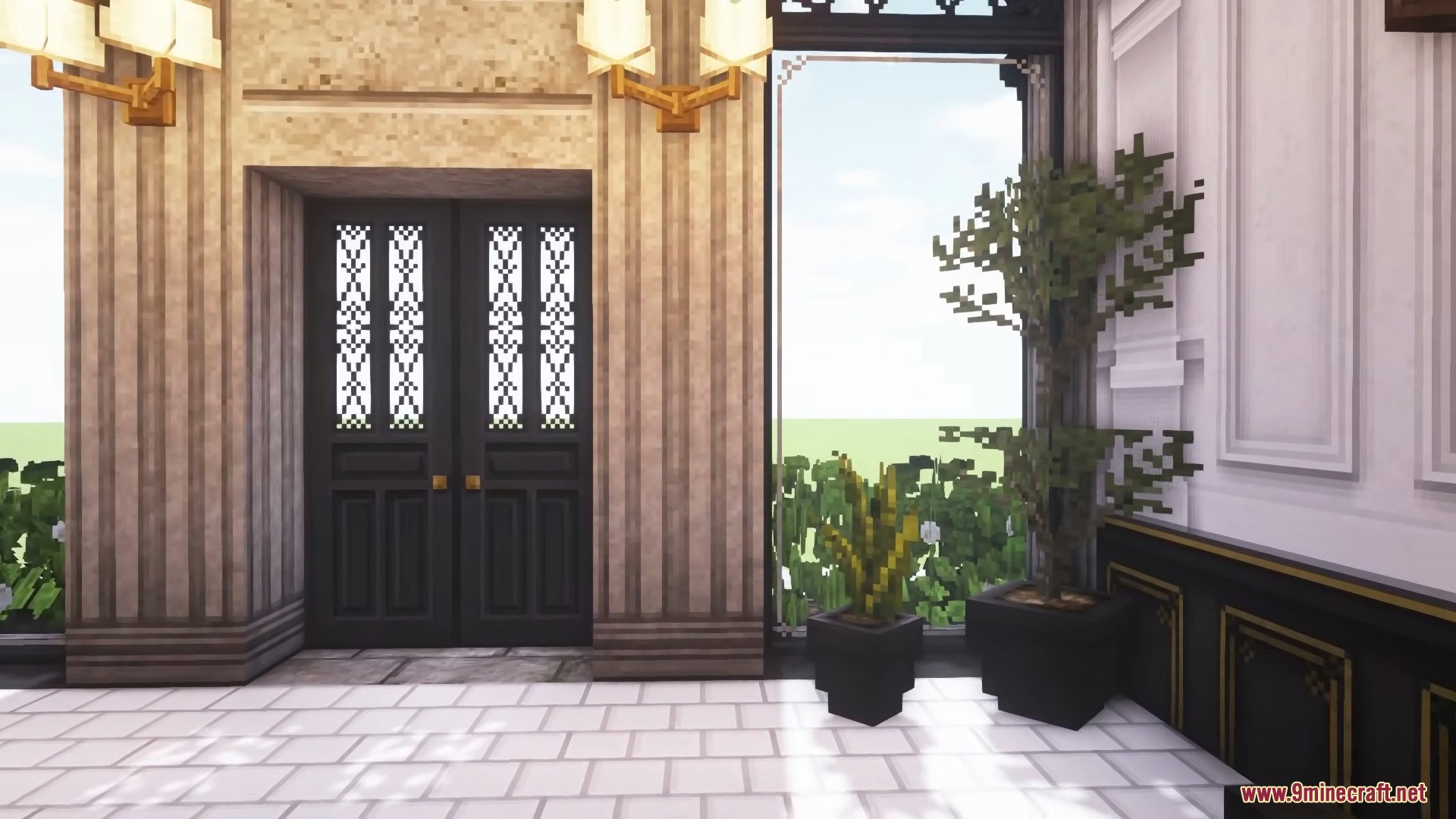 Double dark wooden doors leading outside next to tall potted green plants