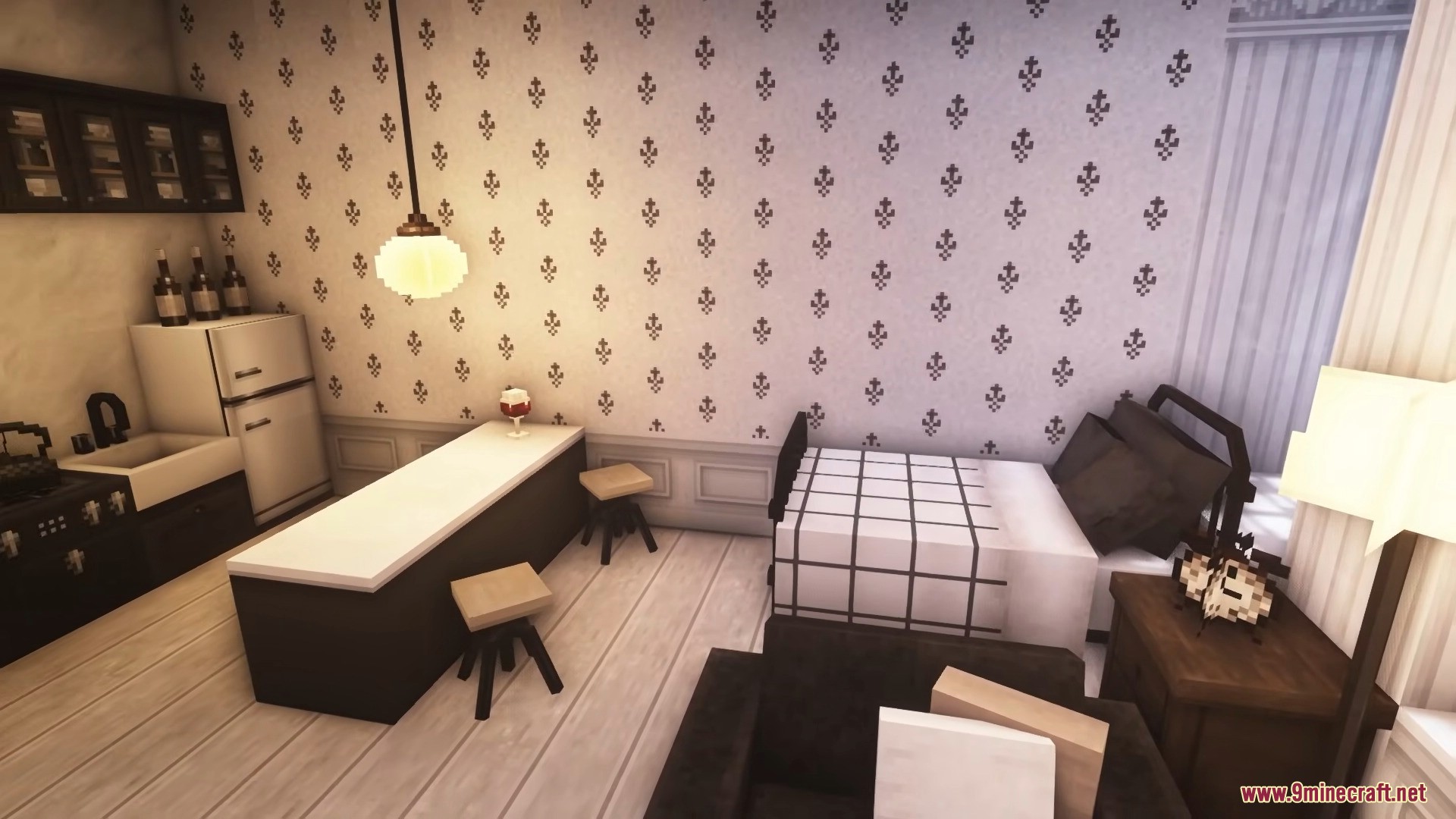A cozy studio apartment utilizing cocricot furniture to combine kitchen and bedroom