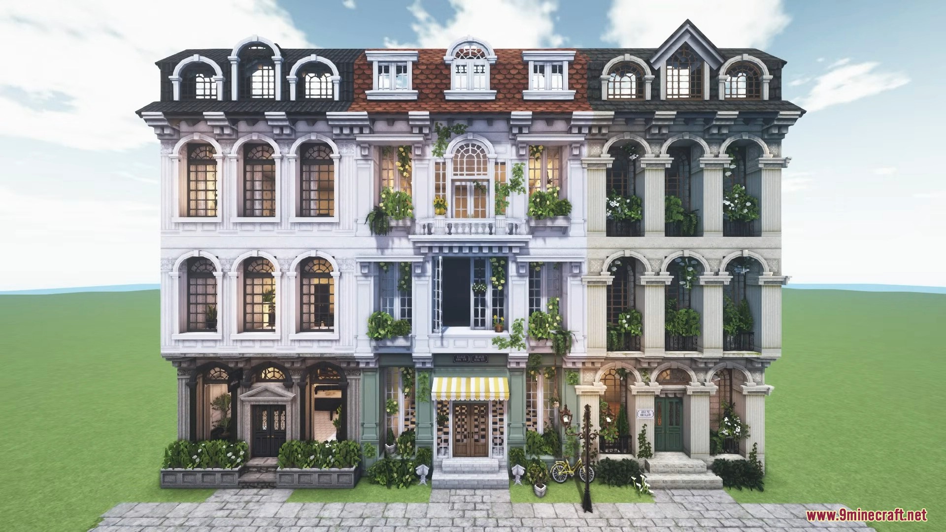 A grand three-story European building facade built with detailed cocricot mod blocks