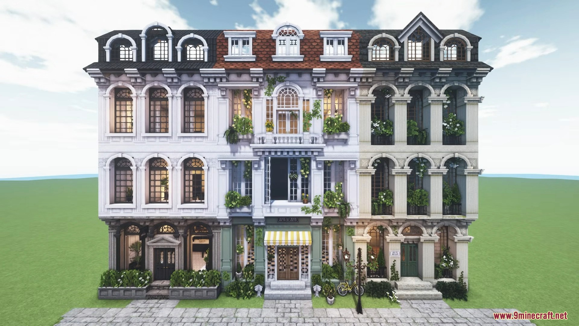 The complete exterior of a beautiful European apartment block with detailed windows