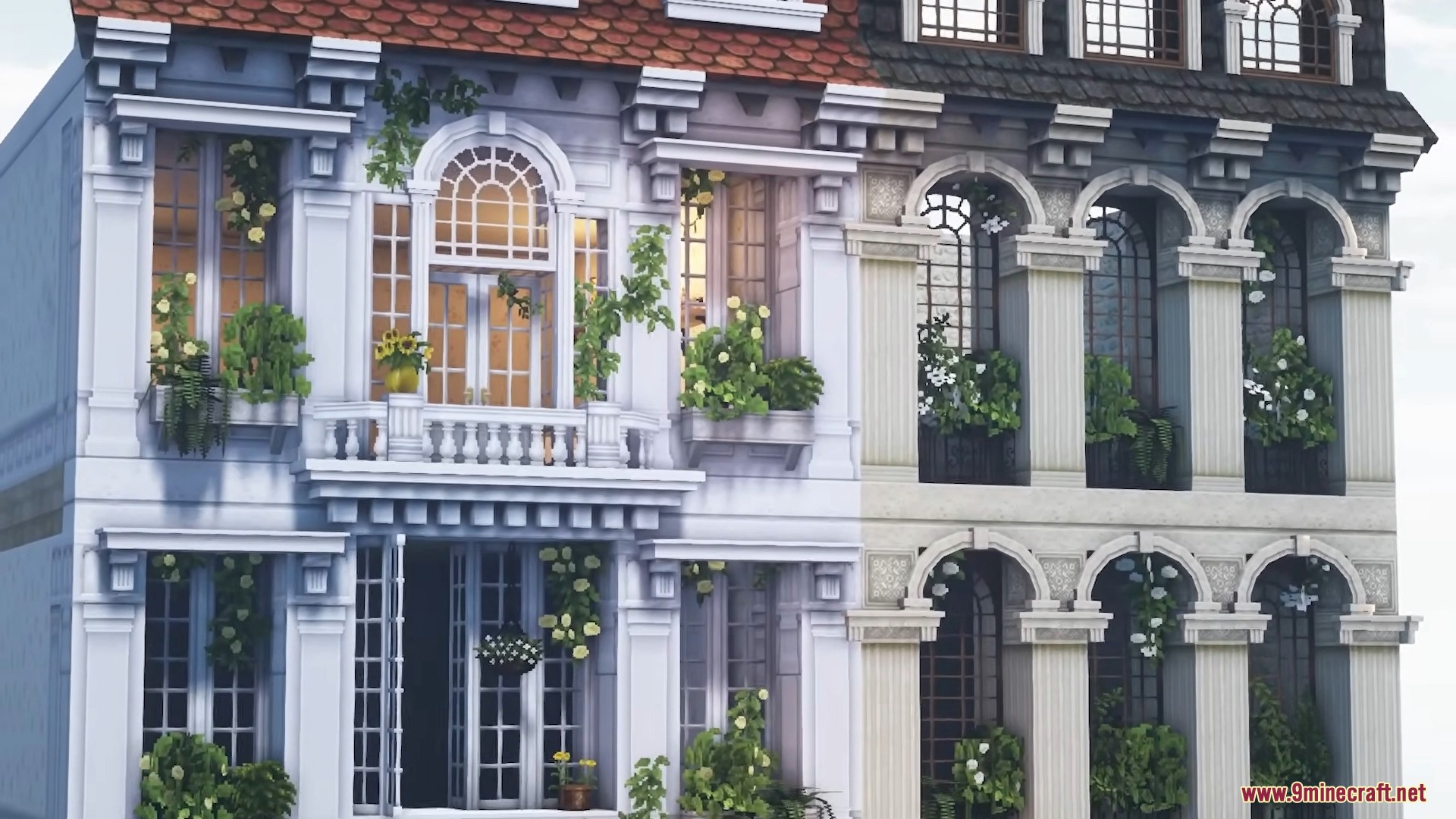 Elegant European apartment facades decorated with lush green plants and flower boxes