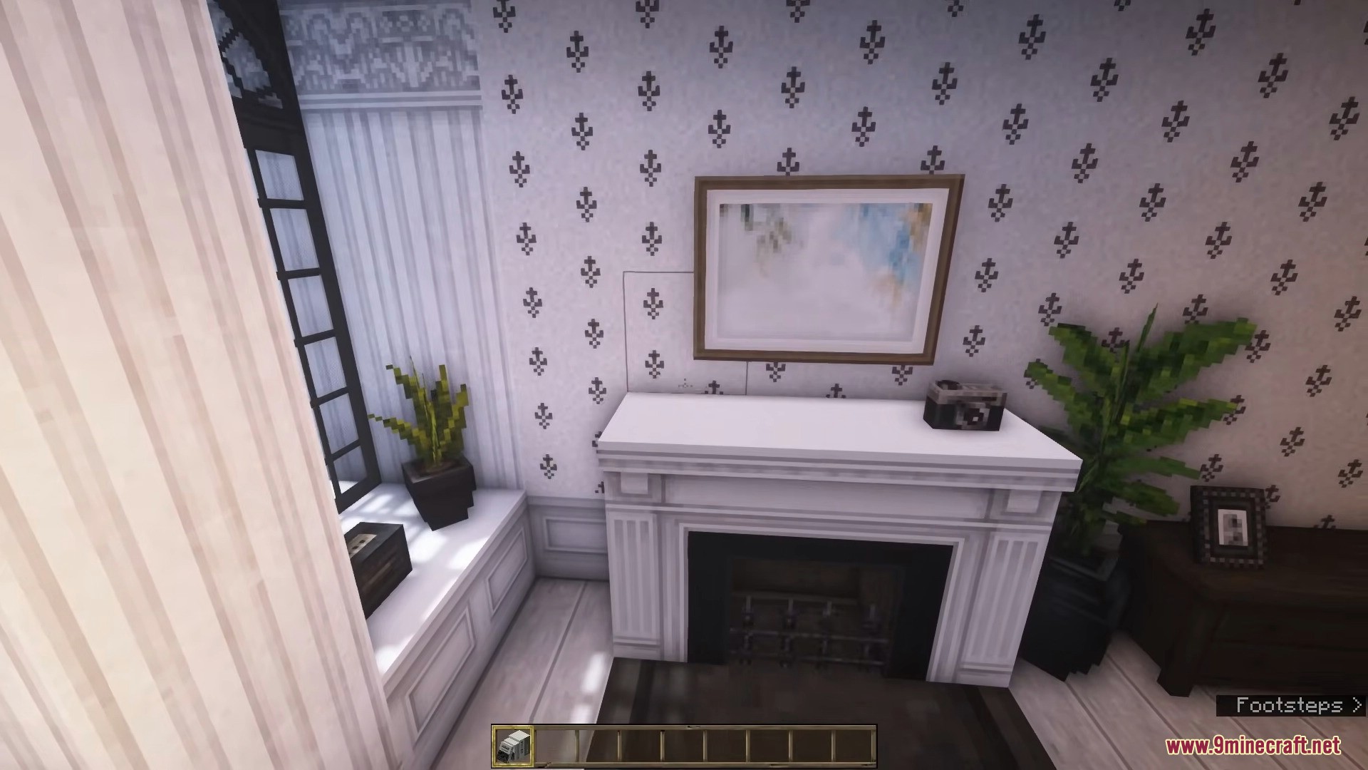 A white fireplace mantel decorated with a framed painting and potted plants