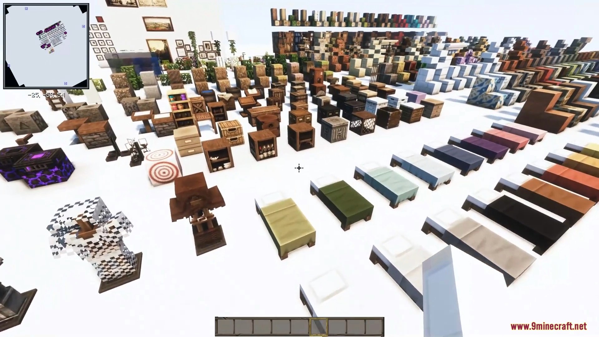 Rows of cozy wooden furniture, shelves, and colorful beds in the cocricot pack.