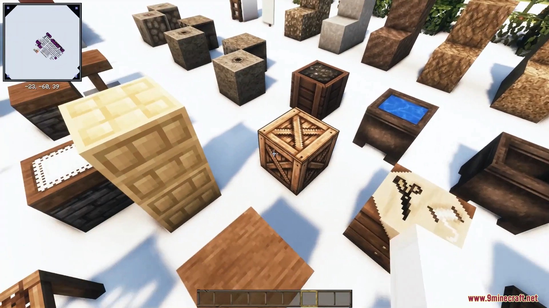 Detailed wooden crates, barrels, and water troughs showcase rustic storage options.