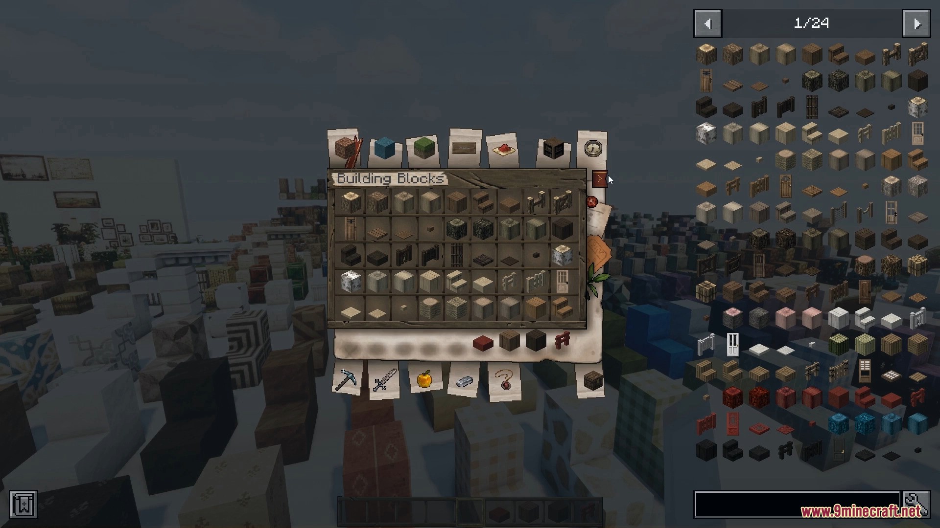 The creative inventory menu displays a massive variety of detailed building blocks.