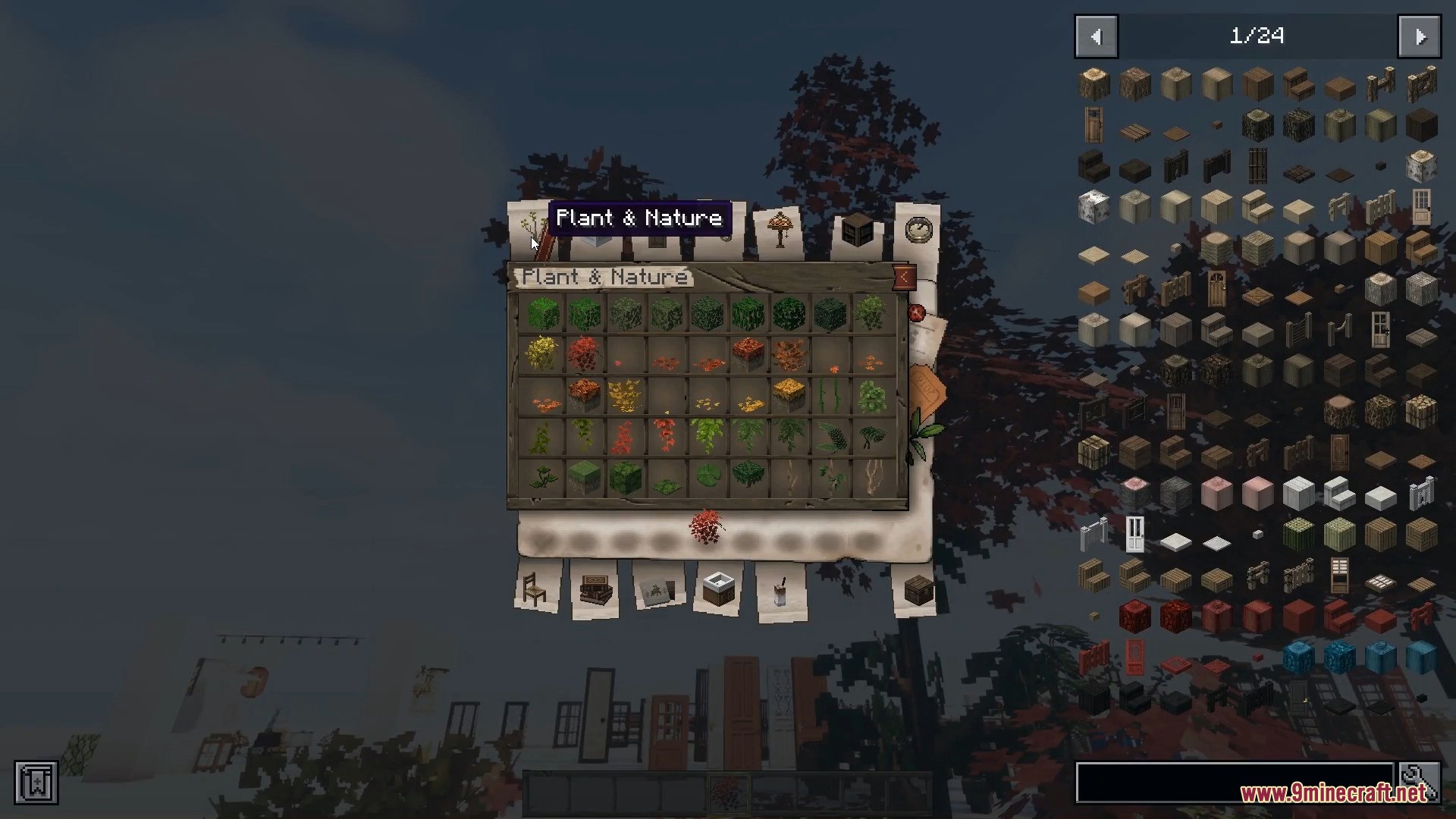 A specialized creative tab filled with realistic plants, leaves, and natural decorations.
