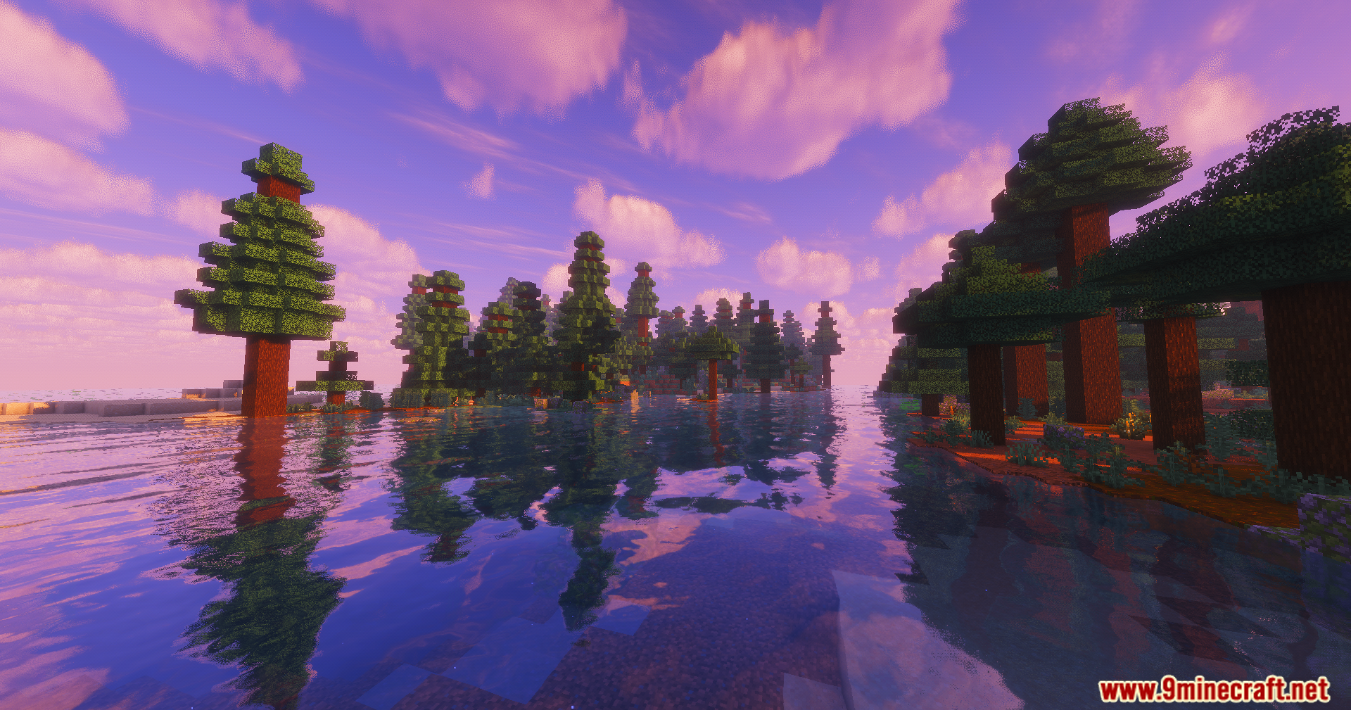 ColorFull Ultra Shaders Screenshot 3 ColorFull Ultra Shaders display vibrant sunset colors reflected in clear Minecraft water