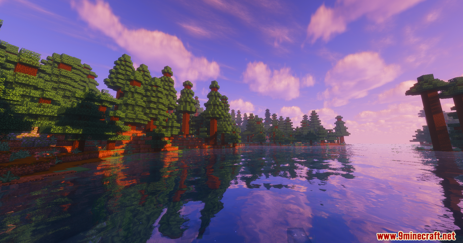 ColorFull Ultra Shaders Screenshot 4 Saturated green pine trees line a river under a soft purple sky