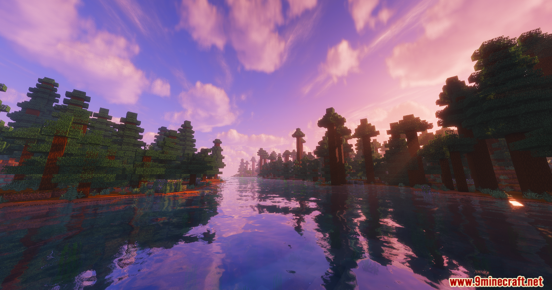 ColorFull Ultra Shaders Screenshot 5 A peaceful river reflecting a vibrant pink and purple sunset sky among trees