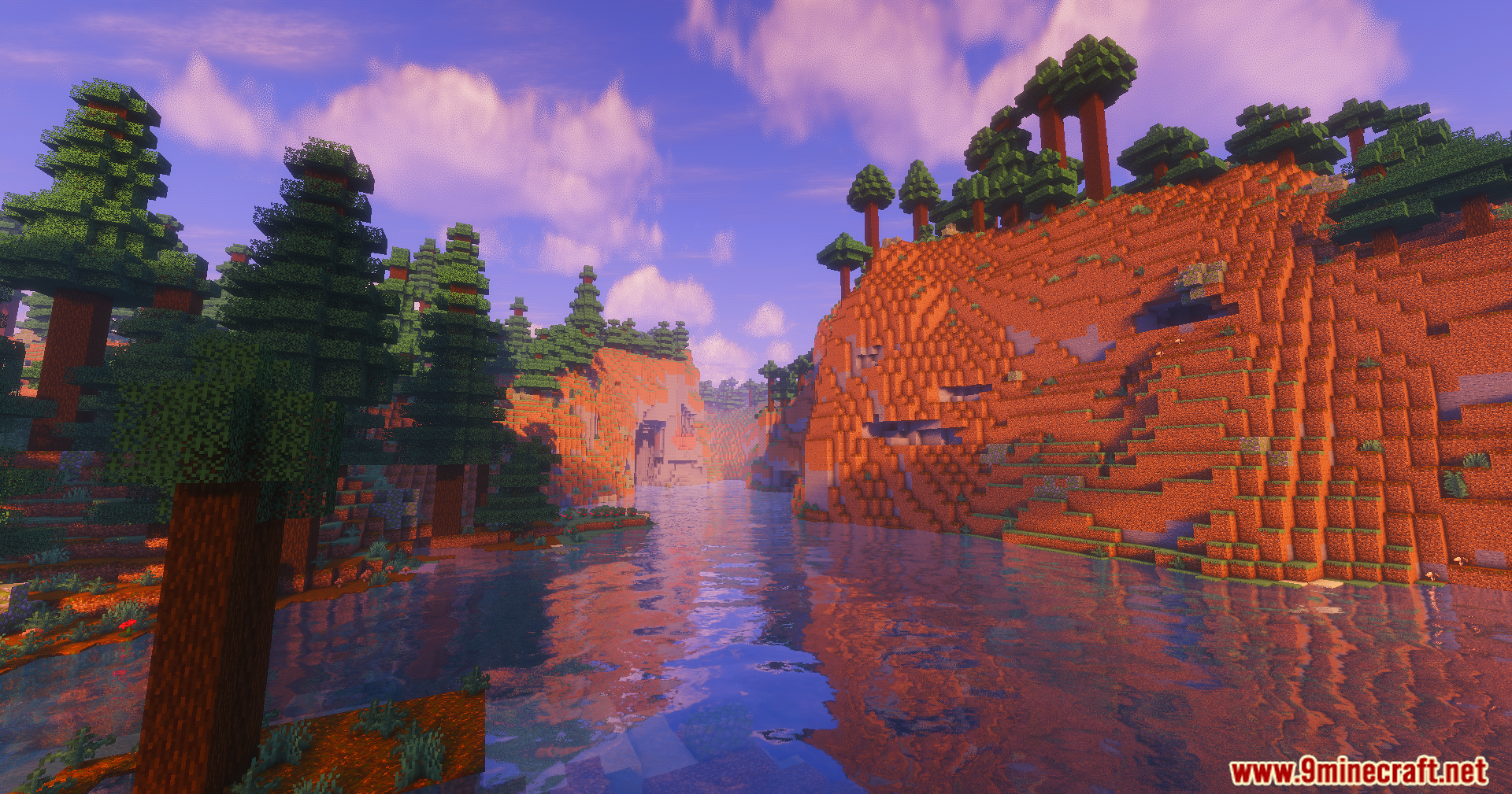 ColorFull Ultra Shaders Screenshot 6 A calm river flowing through a canyon with orange cliffs under a bright sky