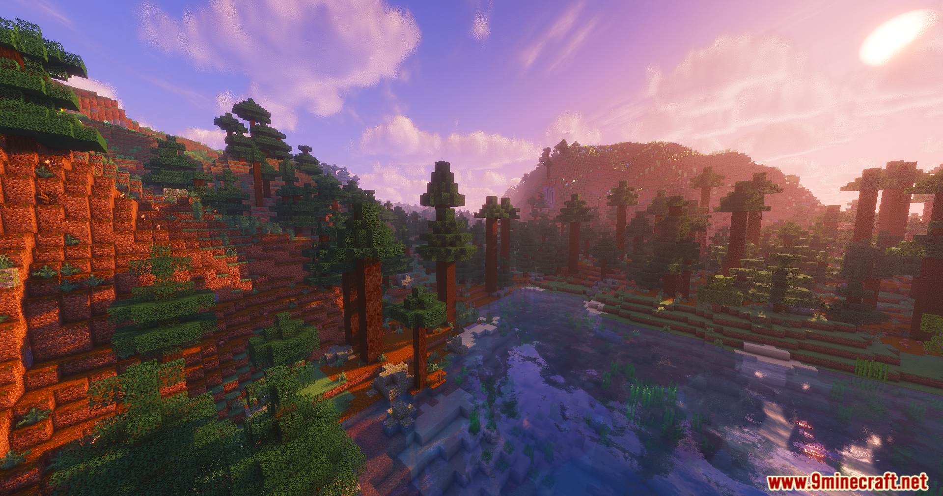 ColorFull Ultra Shaders Screenshot 7 A scenic Minecraft lake surrounded by tall spruce trees under a sunset sky