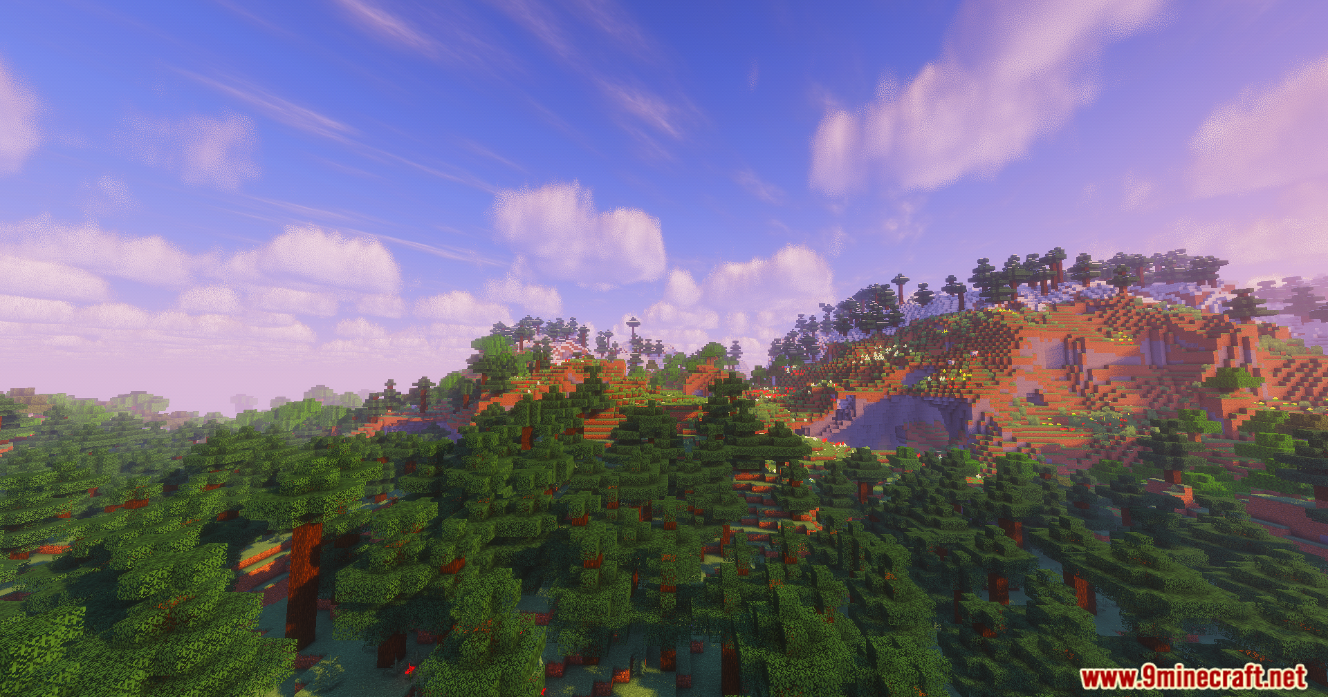 ColorFull Ultra Shaders Screenshot 9 A scenic Minecraft landscape with vibrant green forests and a colorful sky