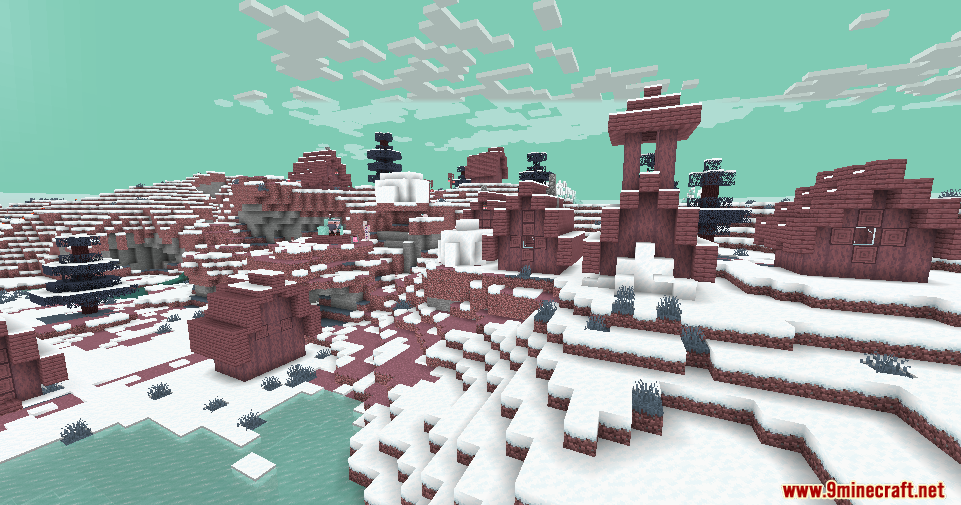 A snowy Minecraft village with reddish pink buildings under a teal sky