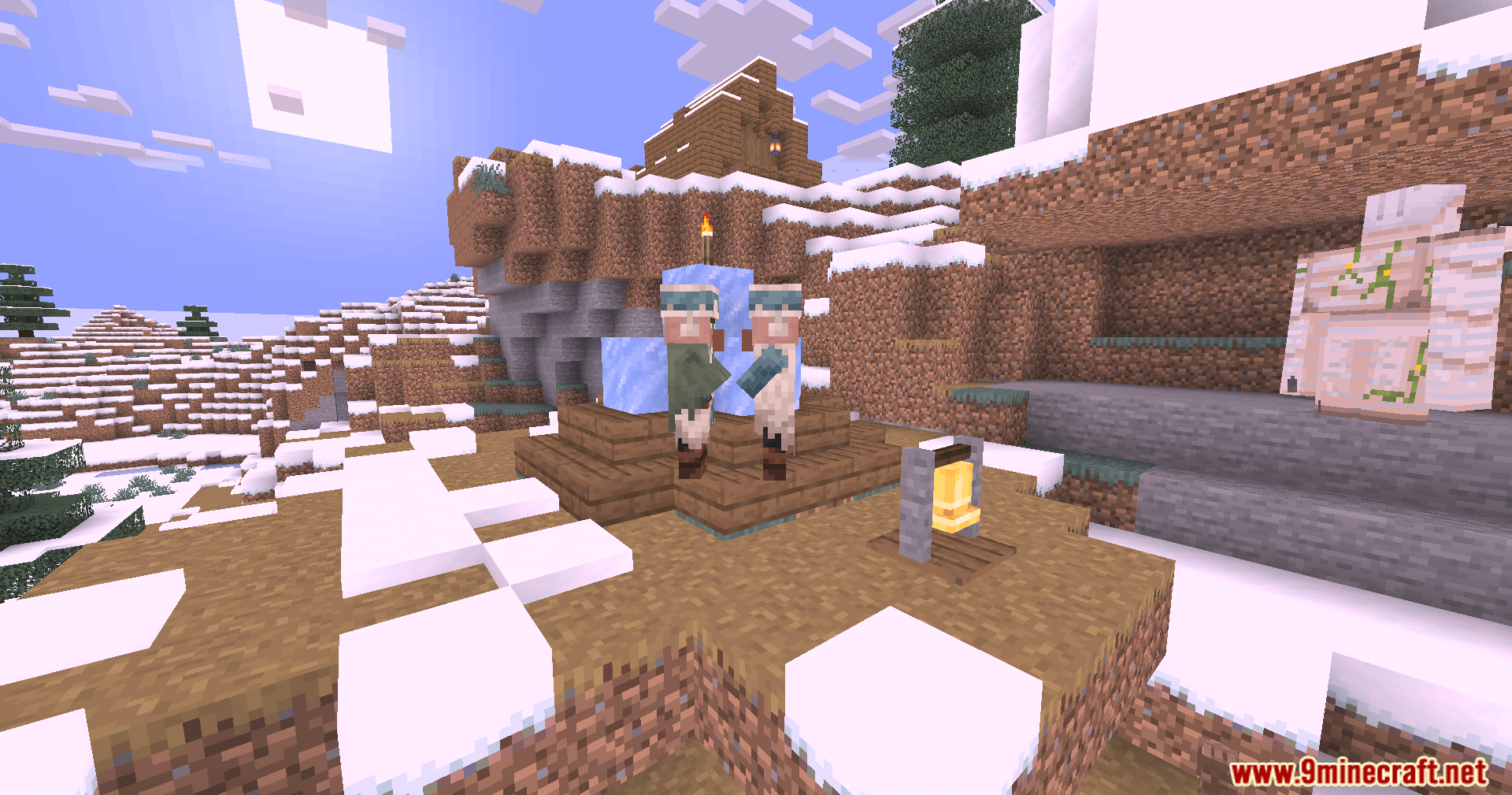 Two villagers standing near a bell in a snowy mountain biome