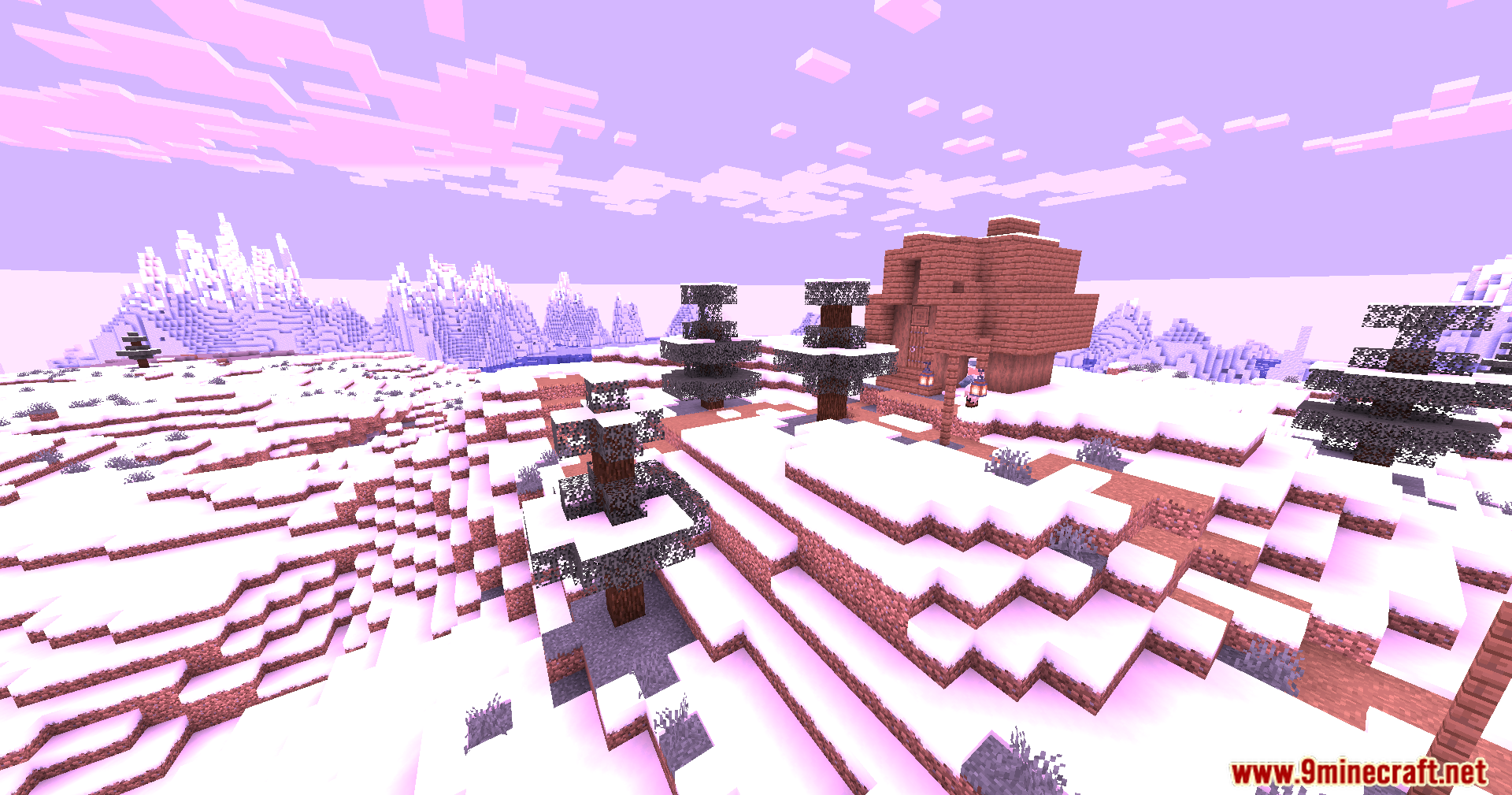 A wooden house and spruce trees under a vibrant pink sky