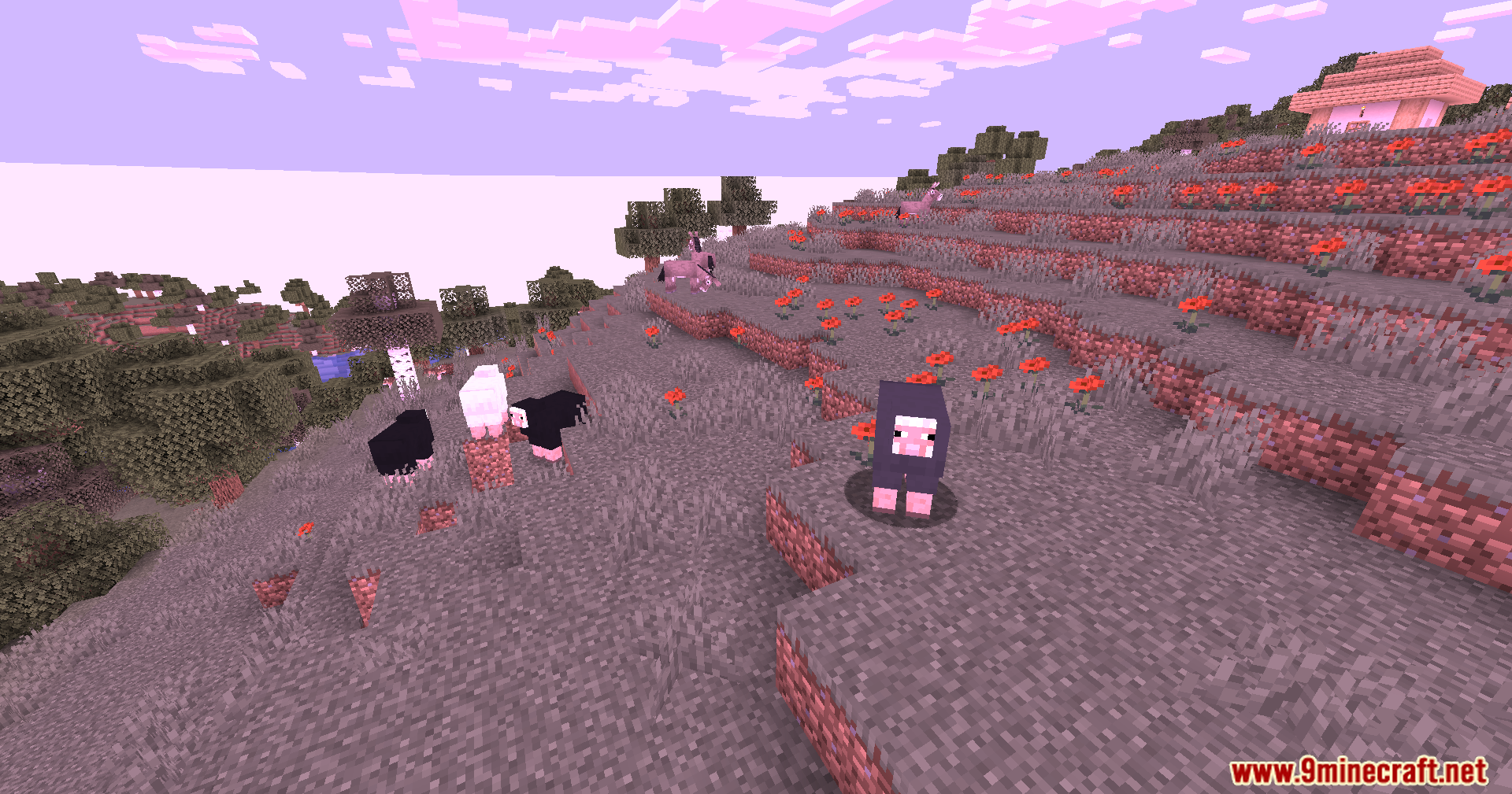 Sheep grazing on a grey hillside under a vibrant pink sky with flowers