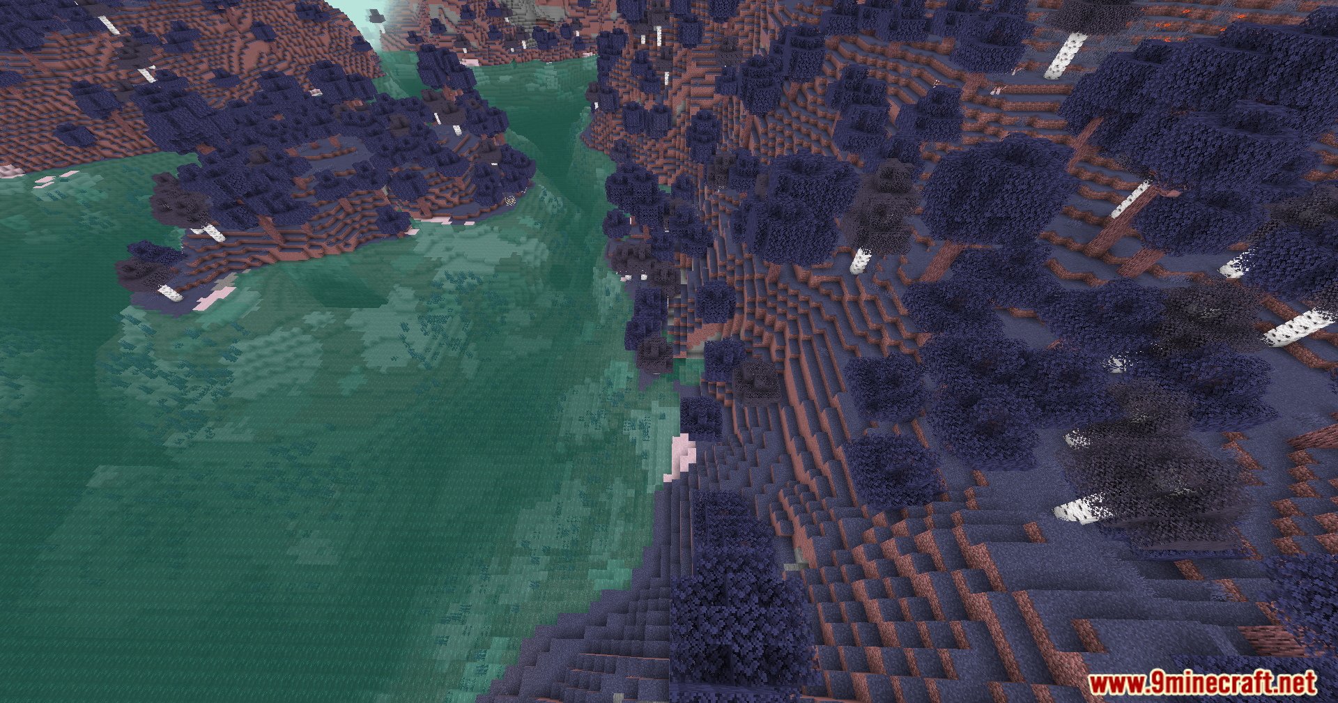 Colorblind Swap Shaders creates a landscape with purple trees and teal water