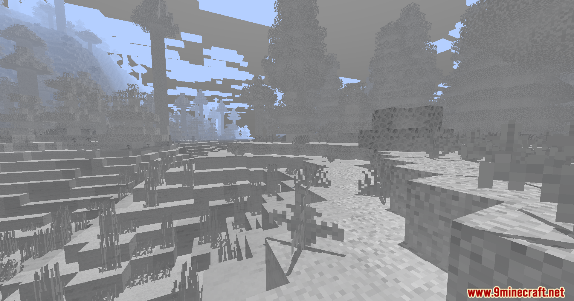 A river valley with trees in a grayscale Minecraft world