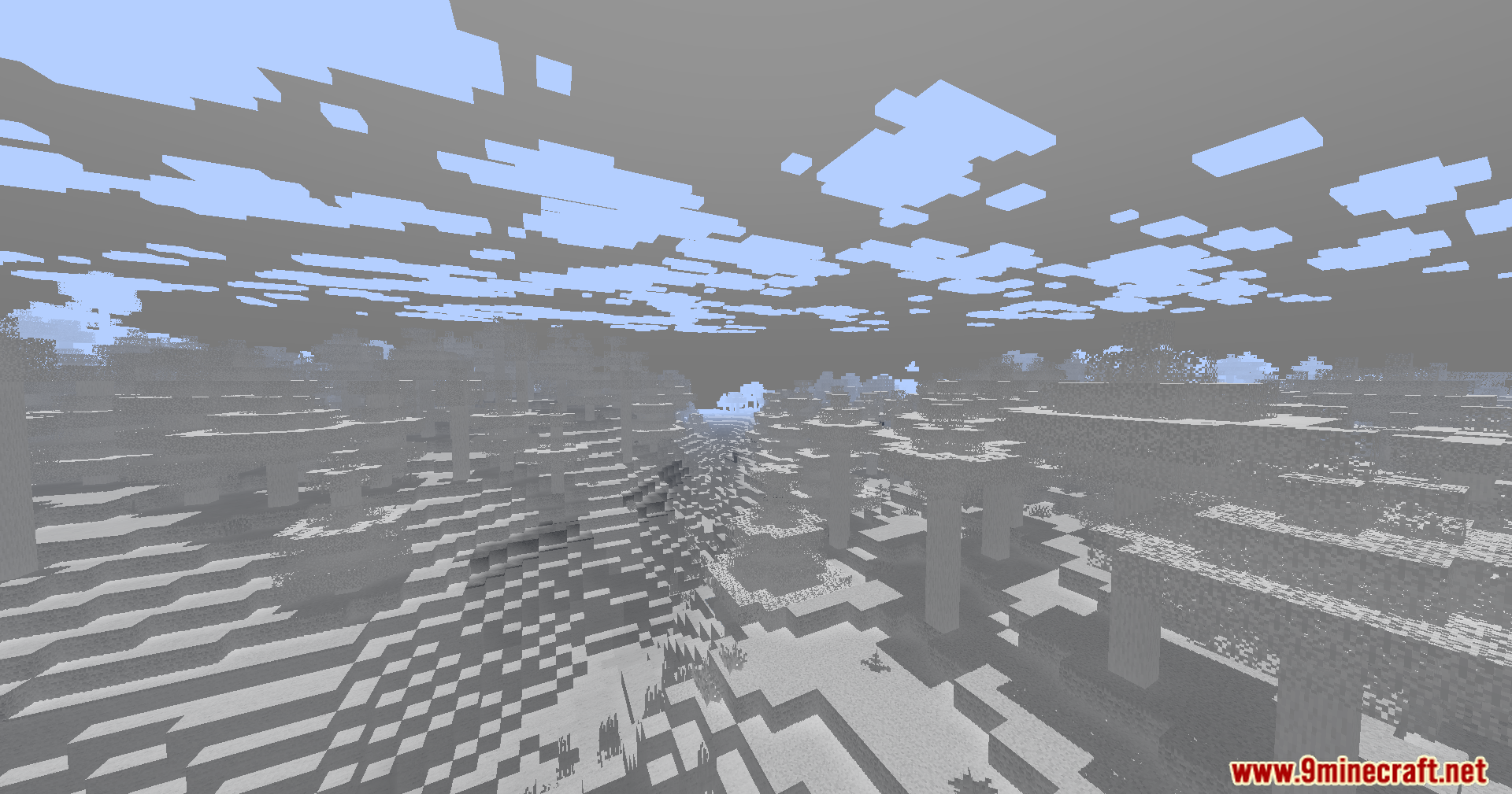 A snowy plains biome in Minecraft displayed in classic black and white