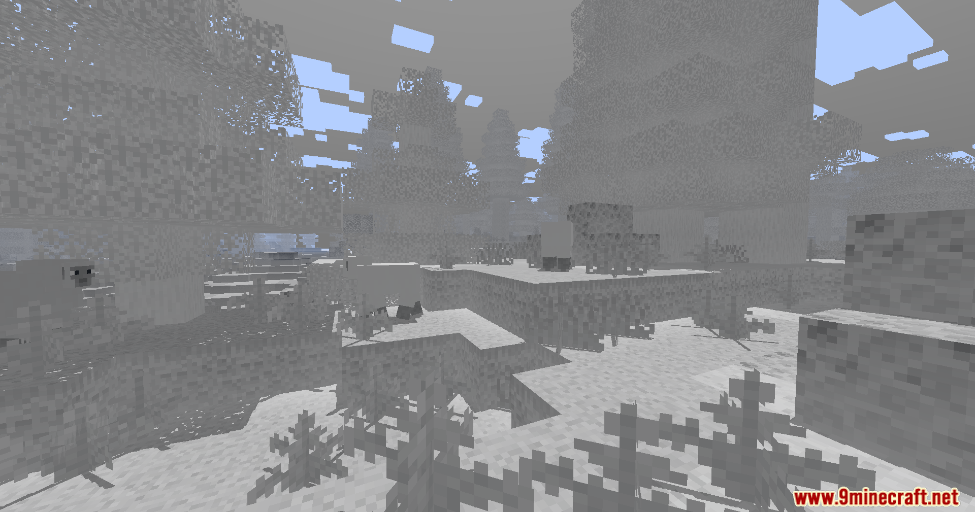Several sheep wandering through a snowy forest rendered in shades of gray