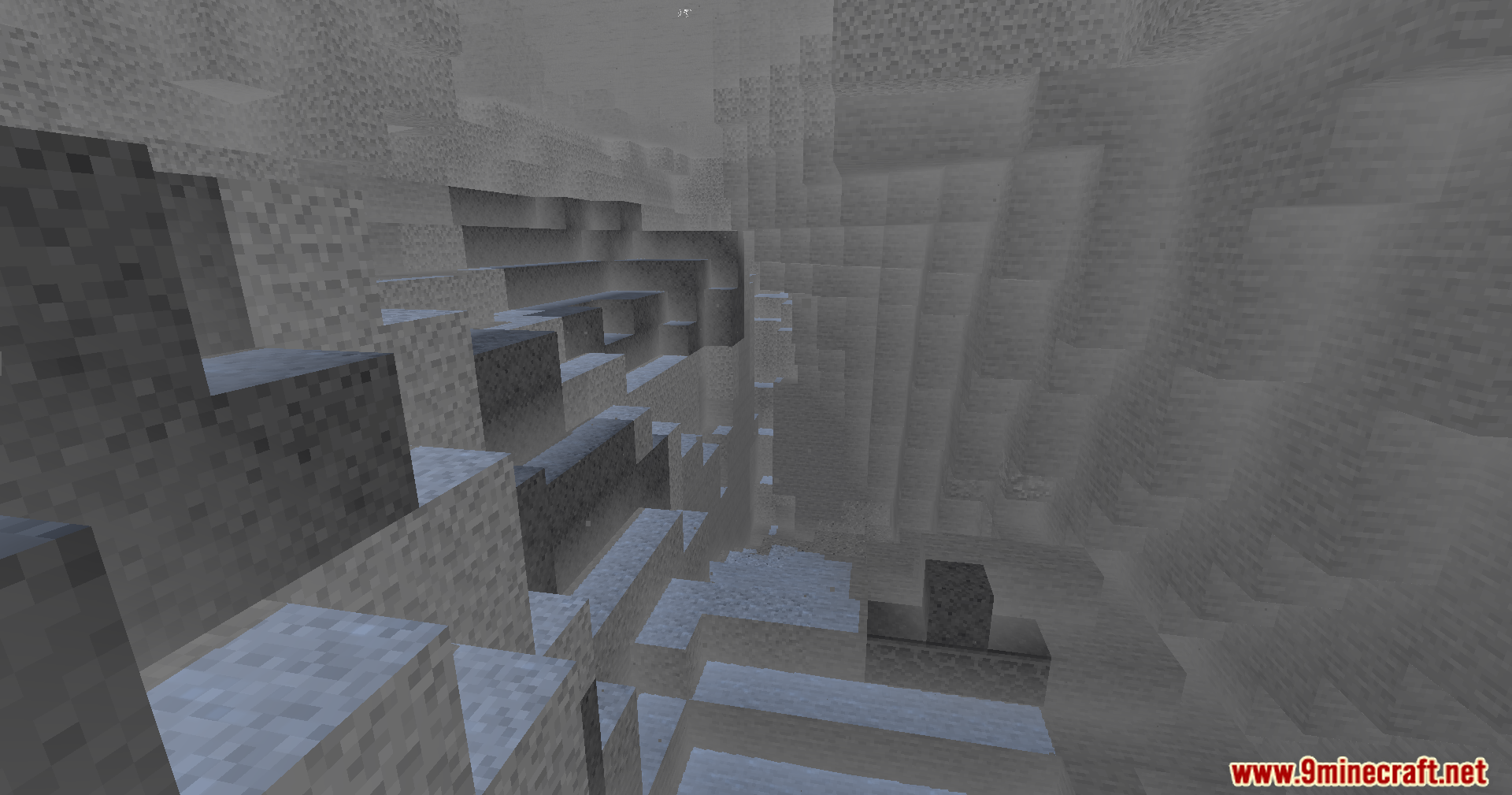 A deep rocky ravine rendered in grayscale using Colorless Black and White Shaders