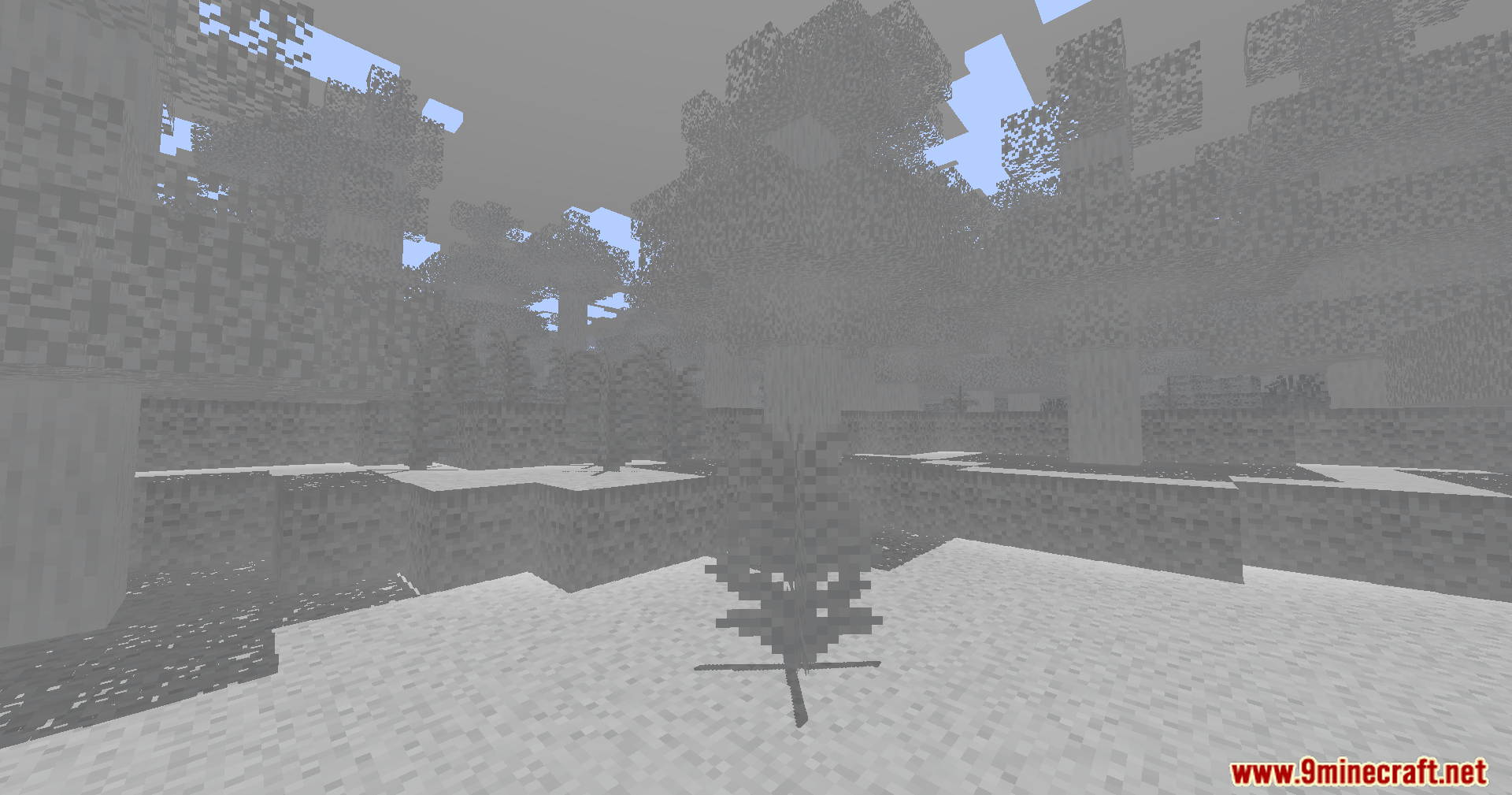 A snowy Minecraft forest with a sapling rendered in black and white