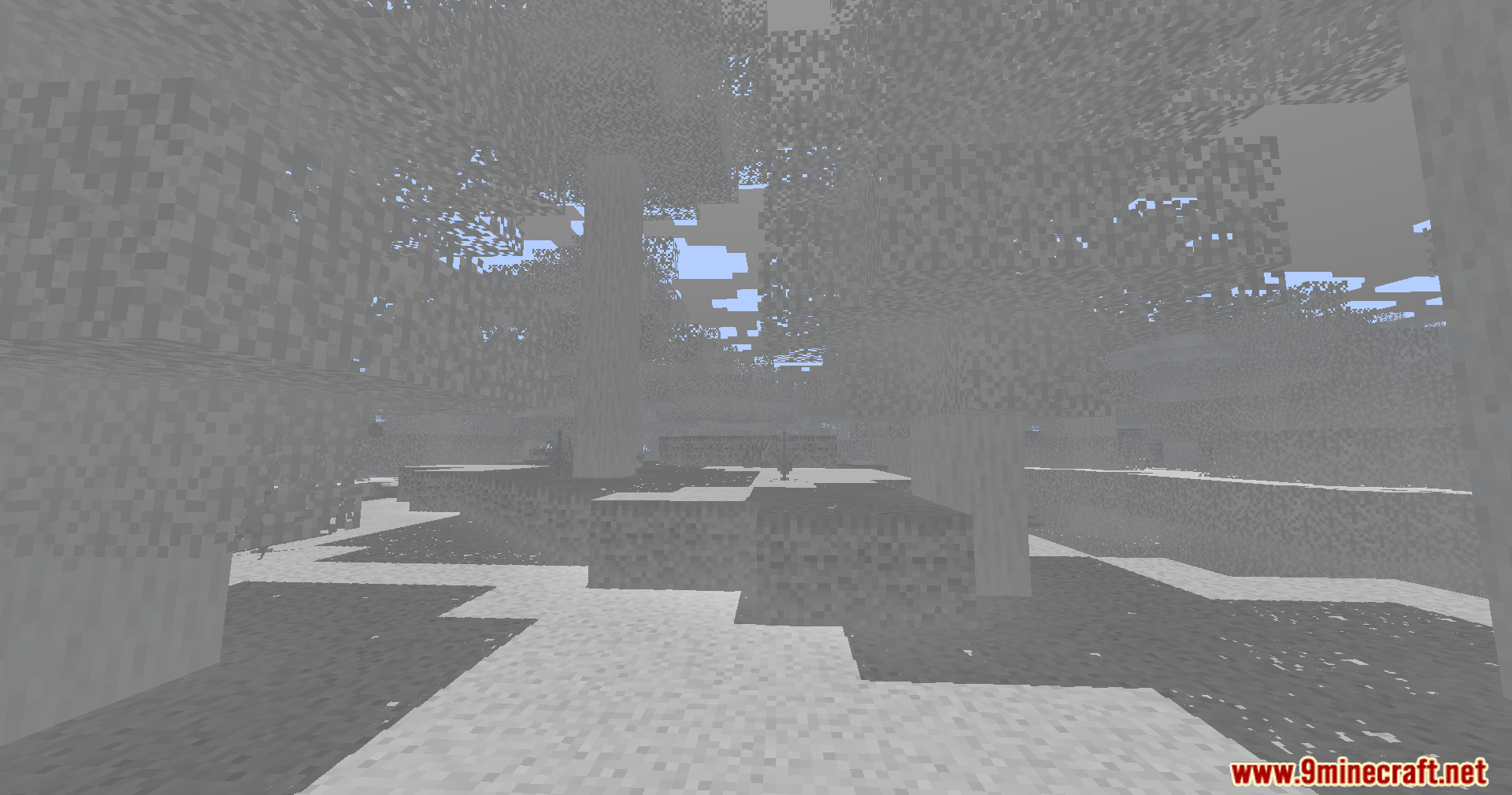 Minecraft trees and snow covered ground shown in a monochromatic gray style