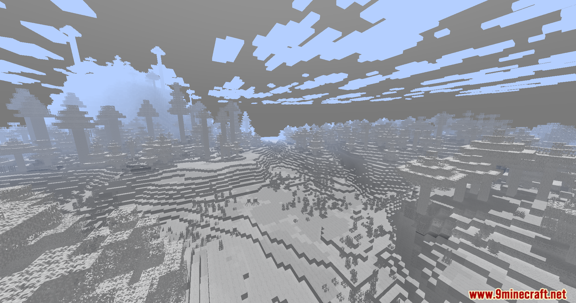 A vast Minecraft forest rendered in shades of gray with tall trees