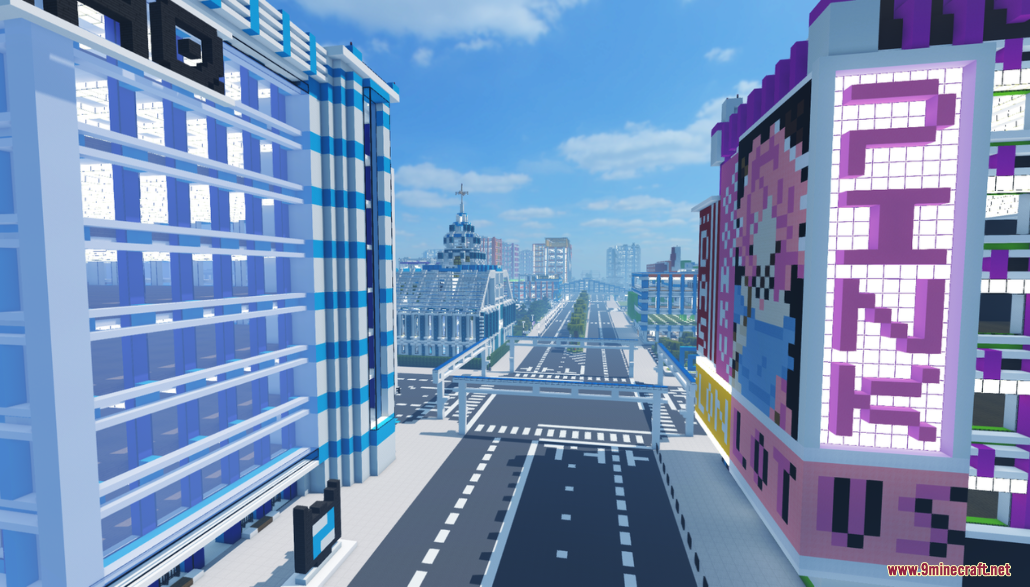 Colorville the City Map Screenshot 10 Modern city street with a large pink pixel art billboard and buildings