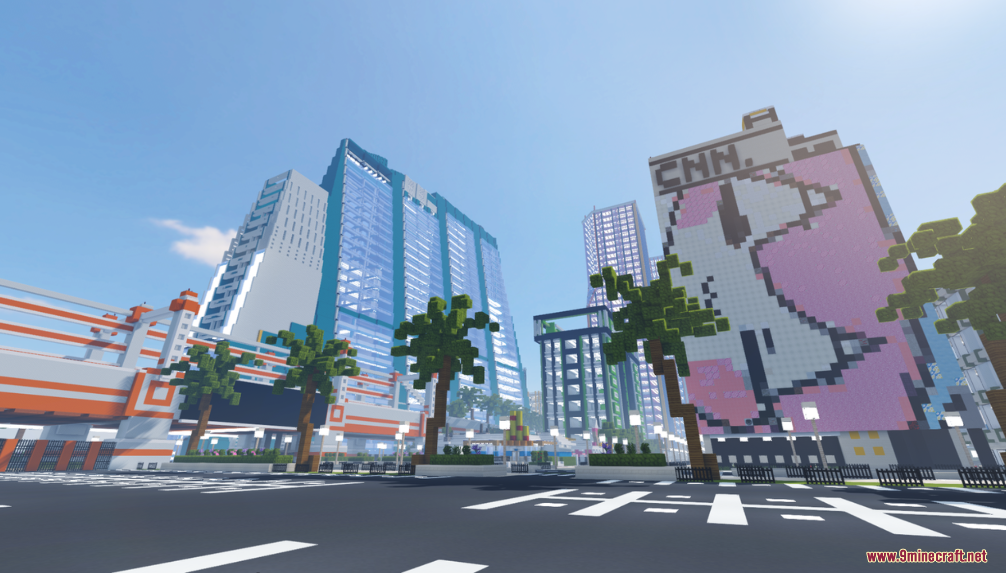 Colorville the City Map Screenshot 2 Tall skyscrapers and palm trees stand next to a building with pixel art