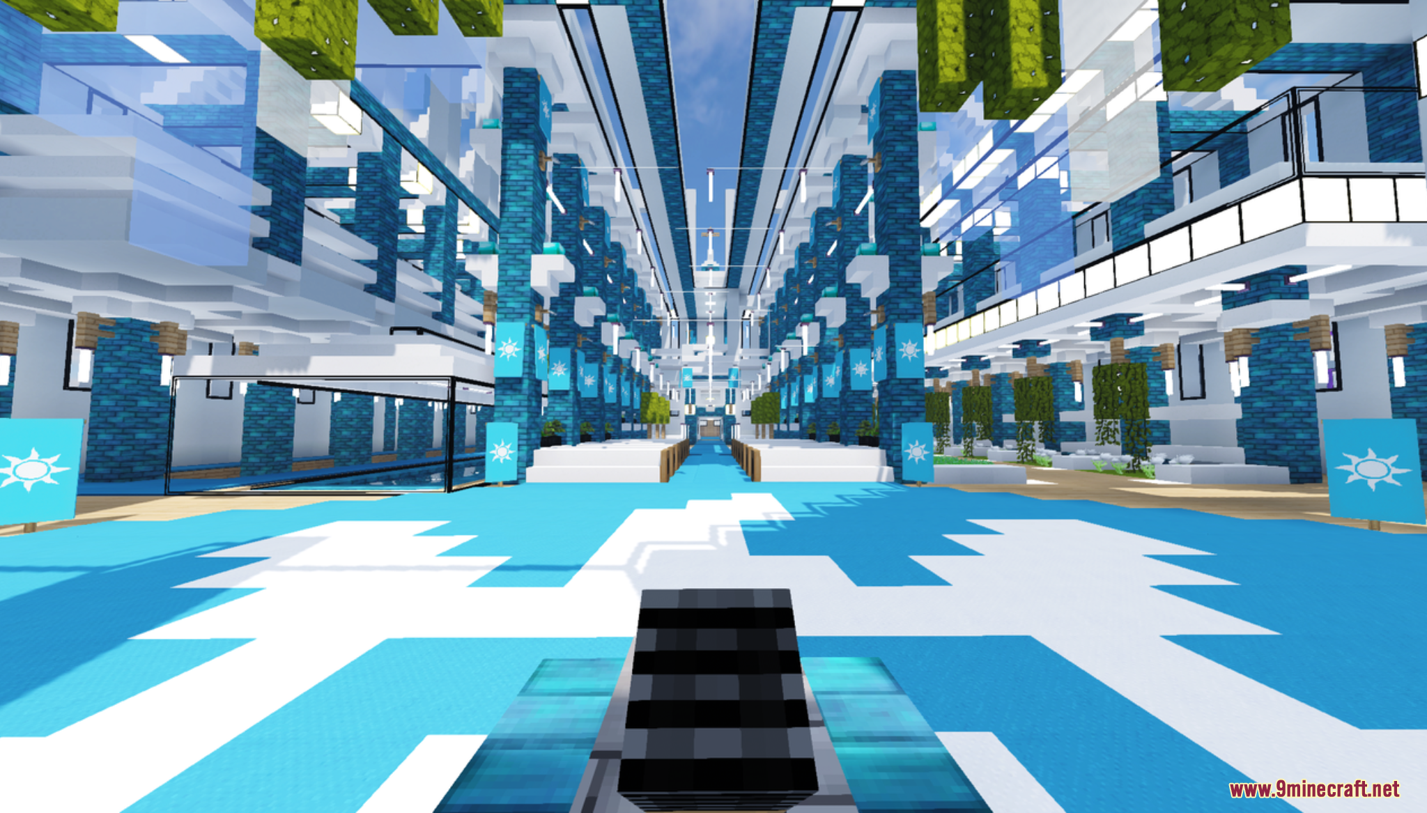 Colorville the City Map Screenshot 7 Spacious blue and white hall with tall pillars and decorative banners