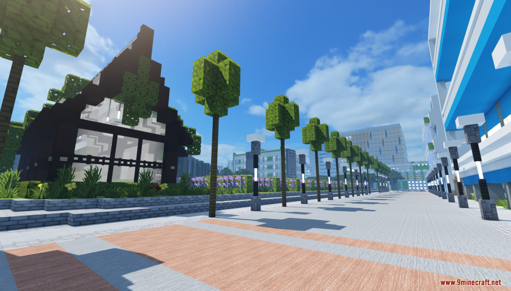 Colorville the City Map Screenshot 8 Modern city street with various buildings and rows of square trees
